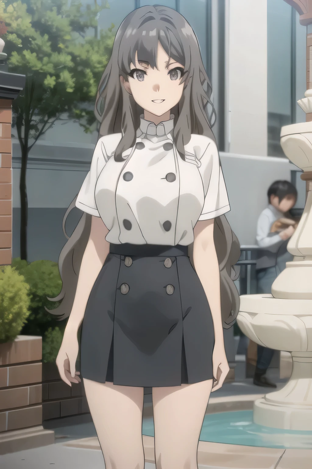 Can you focus on the，Smiling Yang，Big breasted college student，skirt，boots，face trimming teeth prohibited， Clearly ,teeth。，Alone，face standing in the fountain square and draw sharply，Official anime CG，A woman with long waves even if she teeth slender and has big breasts,Beautiful legs，amazing thighs ，anatomically accurate hand and leg details，face standing in the fountain square and draw sharply，can you draw bigger breasts，下から黒いパンティが Clearly ，