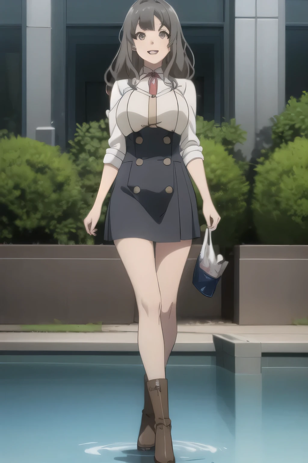 Can you focus on the，Smiling Yang，Big breasted college student，skirt，boots，face trimming teeth prohibited， Clearly ,teeth。，Alone，face standing in the fountain square and draw sharply，Official anime CG，A woman with long waves even if she teeth slender and has big breasts,Beautiful legs，amazing thighs ，anatomically accurate hand and leg details，face standing in the fountain square and draw sharply，can you draw bigger breasts，下から黒いパンティが Clearly ，