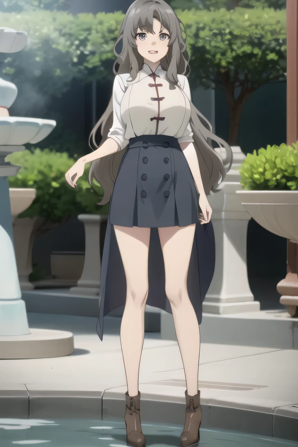 Can you focus on the,Smiling Yang,Big breasted college student,skirt,boots,face trimming teeth prohibited, Clearly ,teeth。,Alone,face standing in the fountain square and draw sharply,Official anime CG,A woman with long waves even if she teeth slender and has big breasts,Beautiful legs,amazing thighs ,anatomically accurate hand and leg details,face standing in the fountain square and draw sharply,can you draw bigger breasts,下から黒いパンティが Clearly ,