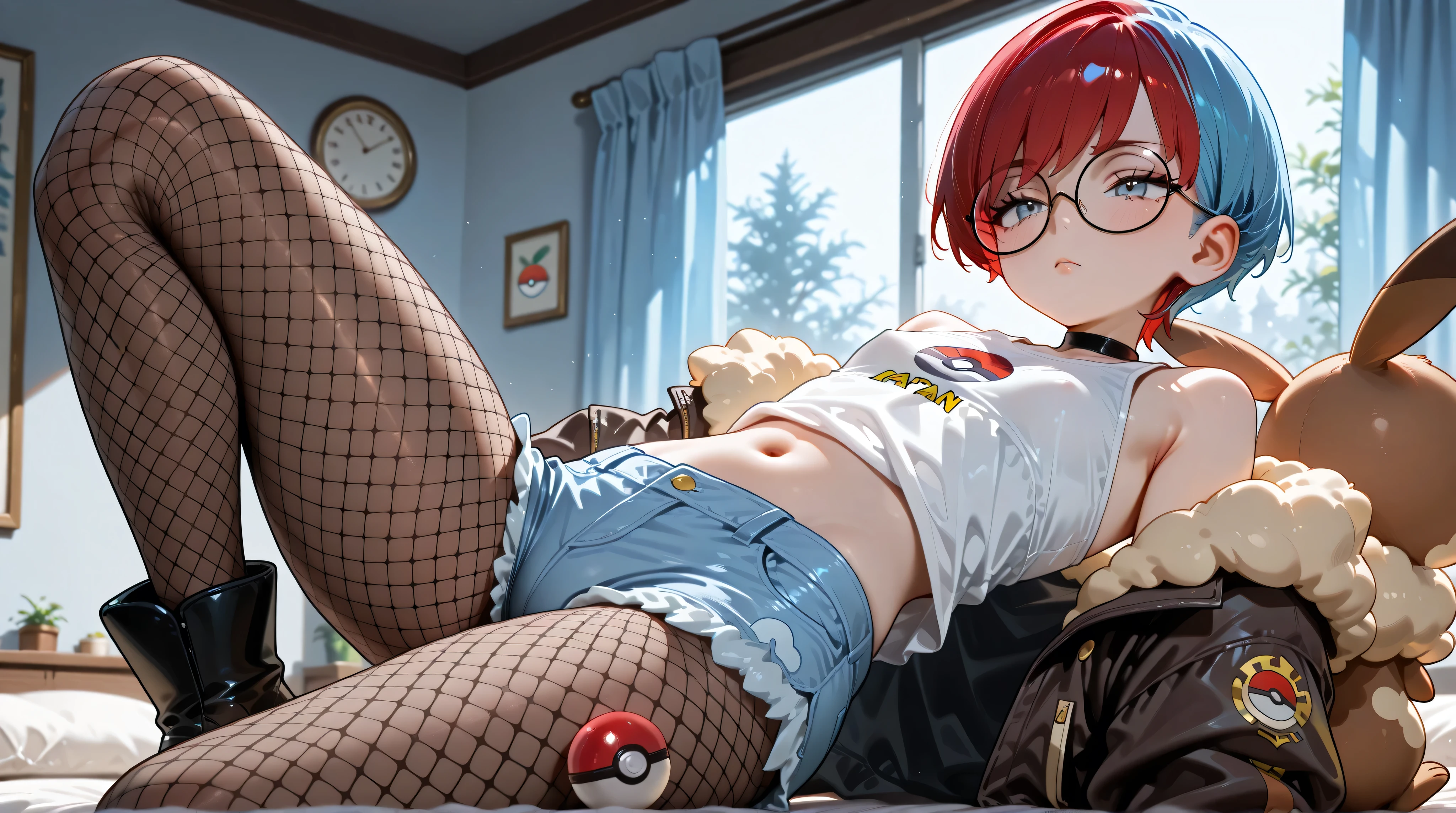 pennypokemon,HDR,Dynamic lighting,masterpiece, best quality,detailed, high resolution, 8k, highly detailed, ultra detailed, beautiful lighting,best quality, short hair, multicolored hair, two-tone hair, red hair, blue hair, bangs, grey eyes,glasses, round eyewear, poke ball print, fishnet pantyhose, japan style hot pants, loli, mini shirt, navel, shoulders, small woman,
