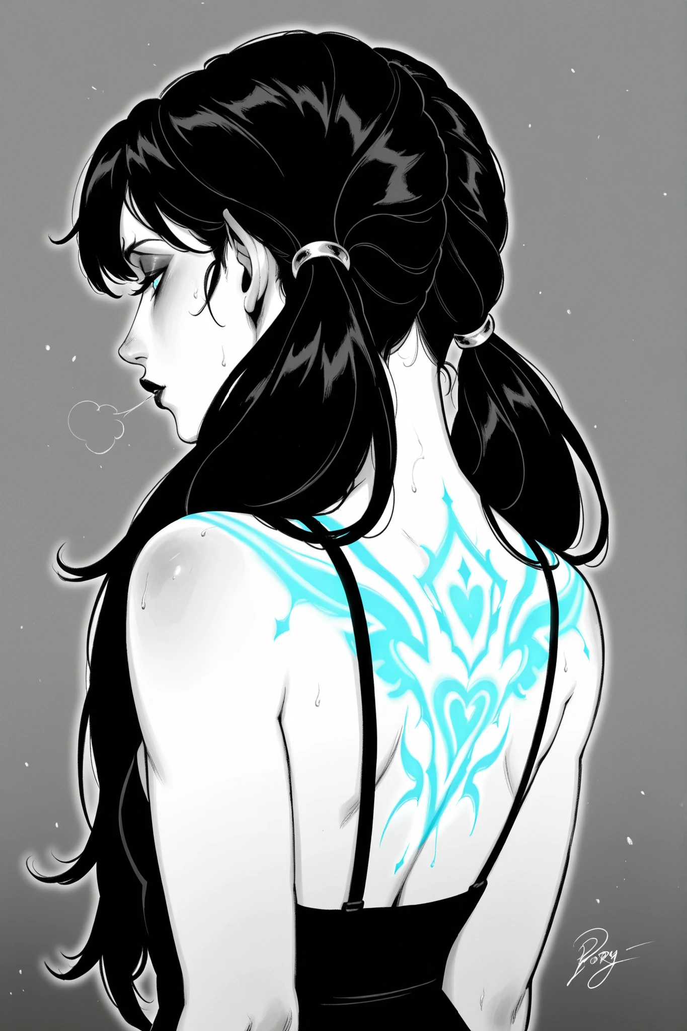 masterpiece, best quality, newest, 1girl, solo, pnvicky, glowing tattoos, long hair, black hair, twin tails,sirerg,monochrome
