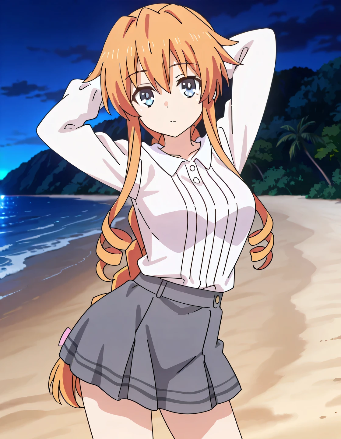 aayuzuru, blue eyes, orange hair, braided ponytail, drill hair, medium , yuzuruc1, white shirt, long sleeves, grey skirt, anime coloring, high quality, solo, night sky, beach, hands behind head, ((contrapposto)), closed mouth, cowboy shot, looking at viewer, expressionless, best quality