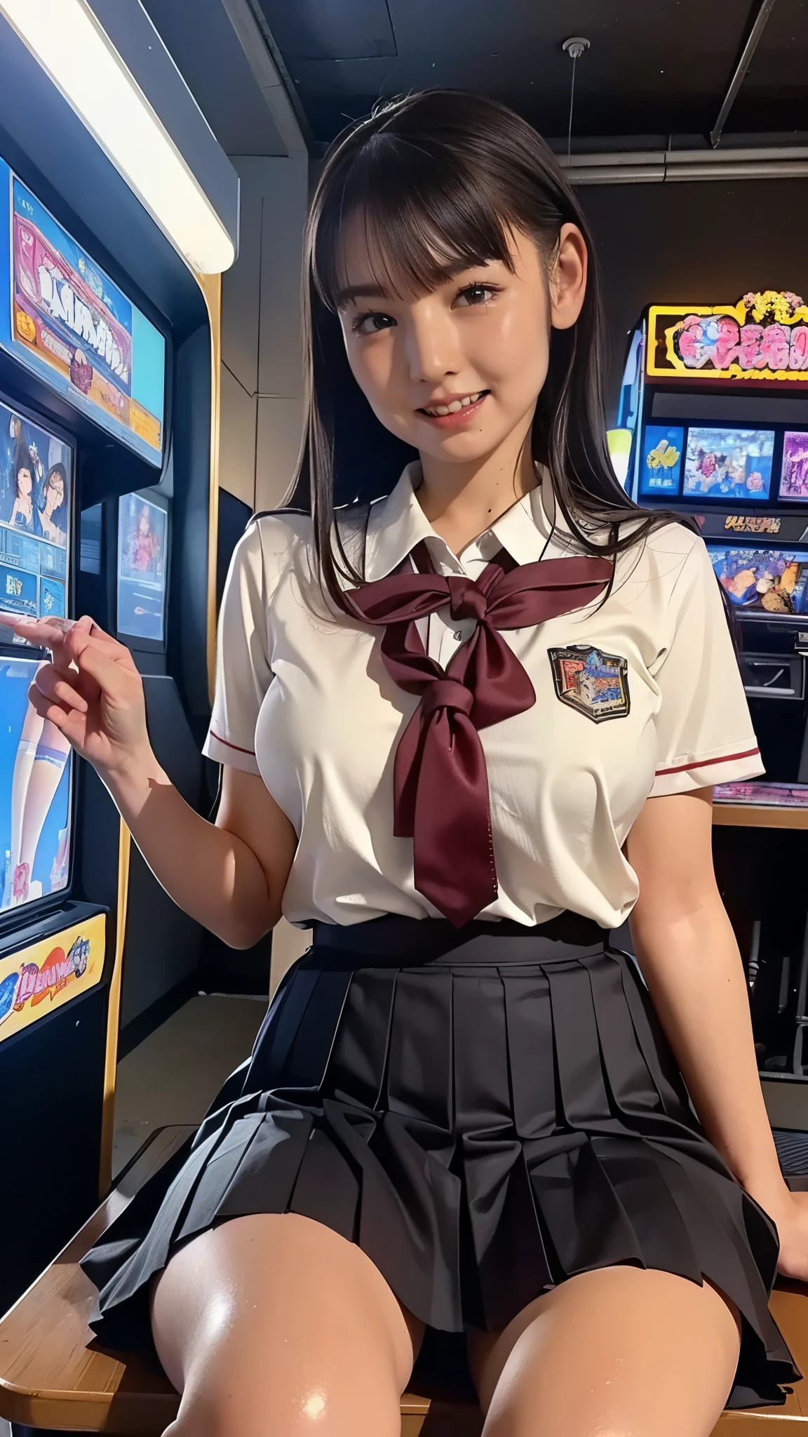(8k, best quality, masterpiece:1.2), (Realistic, photo-Realistic:1.37), ( highly detailed skin ), (Best Quality:1.0), ( super high definition:1.0) ,(Realistic:1.0), (Super detailed:1.0), (8k, RAW Photos:1.1), (from front, from below), ((Take a picture of a girl sitting on arcade game console)), upperbody, ((from below)), standing with spread legs, smile, big Breasts, perfect lighting, ((Female student:1.5)), 20 years old, Clear and detailed, ((School_uniform, Japanese high school uniform, pleats Skirt)), (indoor a lot of game consoles arcade ), Seductive expression, brown wavy hair