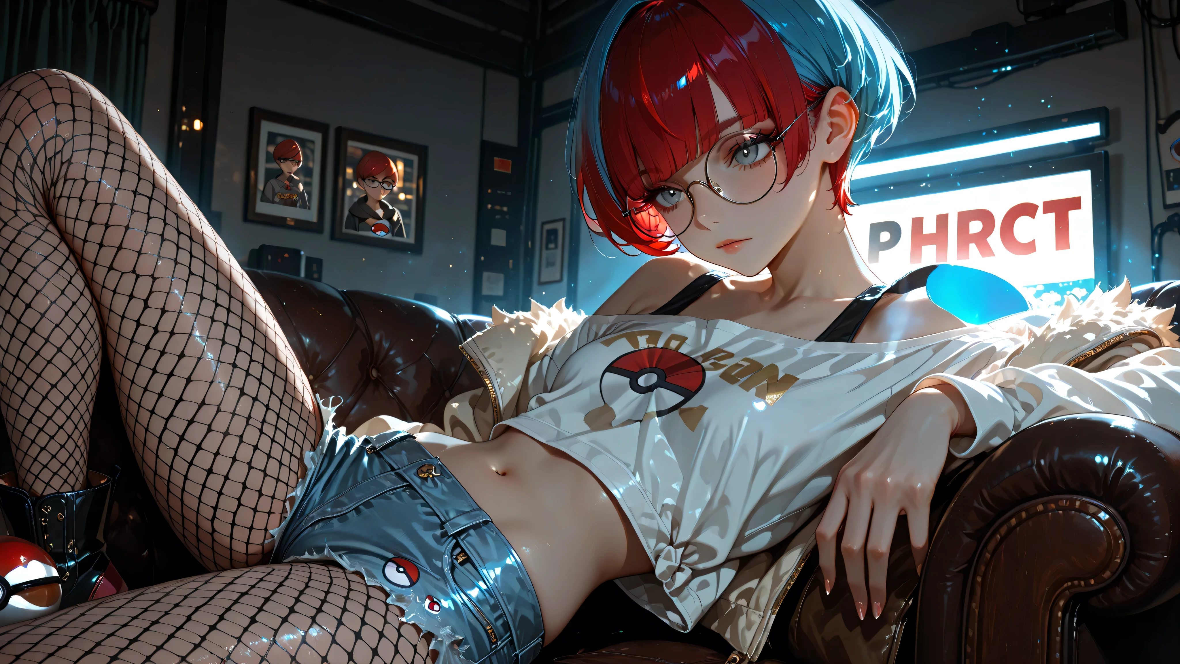 pennypokemon,HDR,Dynamic lighting,masterpiece, best quality,detailed, high resolution, 8k, highly detailed, ultra detailed, beautiful lighting,best quality, short hair, multicolored hair, two-tone hair, red hair, blue hair, bangs, grey eyes,glasses, round eyewear, poke ball print, fishnet pantyhose, japan style hot pants, loli, mini shirt, navel, shoulders, small woman,