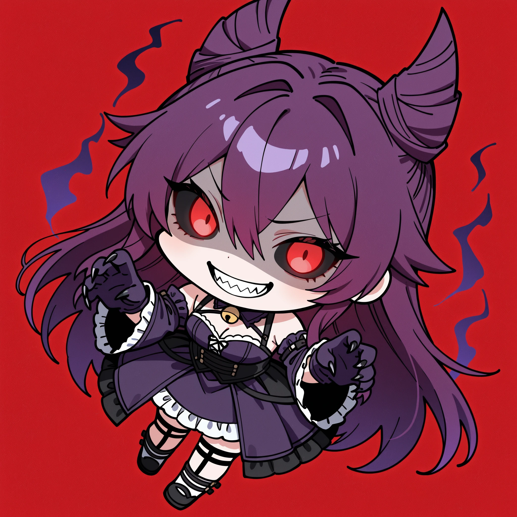 yunayuispink,yunayuispink,chibi,(yunayuispink:1.3), masterpiece, best quality, (noise and texture:1.3), 1girl, solo, simple background, (red background), purple hair, hair between eyes, spiked hair, long hair, hair flaps, hair horns, red eyes, ghostly pale skin, glowing eyes, black sclera, fangs, gothic fashion, dark purple gothic dress, white frills, cleavage, dark purple glove claws, detached sleeves, bell sleeves, ghostly dark purple aura, claws, grin, sharp teeth, shaded face, cute pose, random expression, random clothing, character centered, dynamic_angle, sideways_glance, dynamic posture, full body, laughing,large eyes