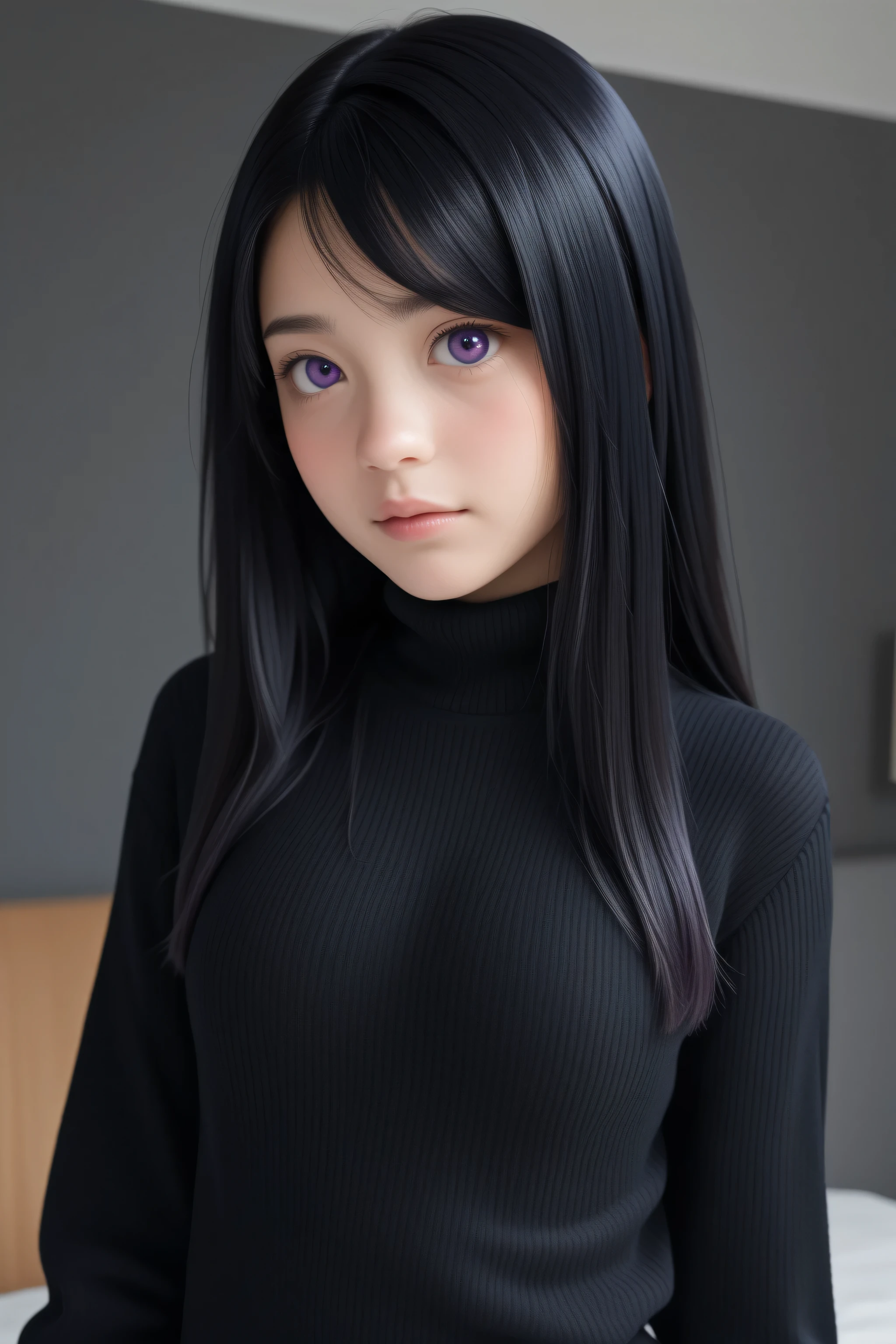 1girl, Solo, High Resolution, Accurate, Best Quality, High Details, High Quality, Black Hair, Long Hair, purple eyes, black sweater