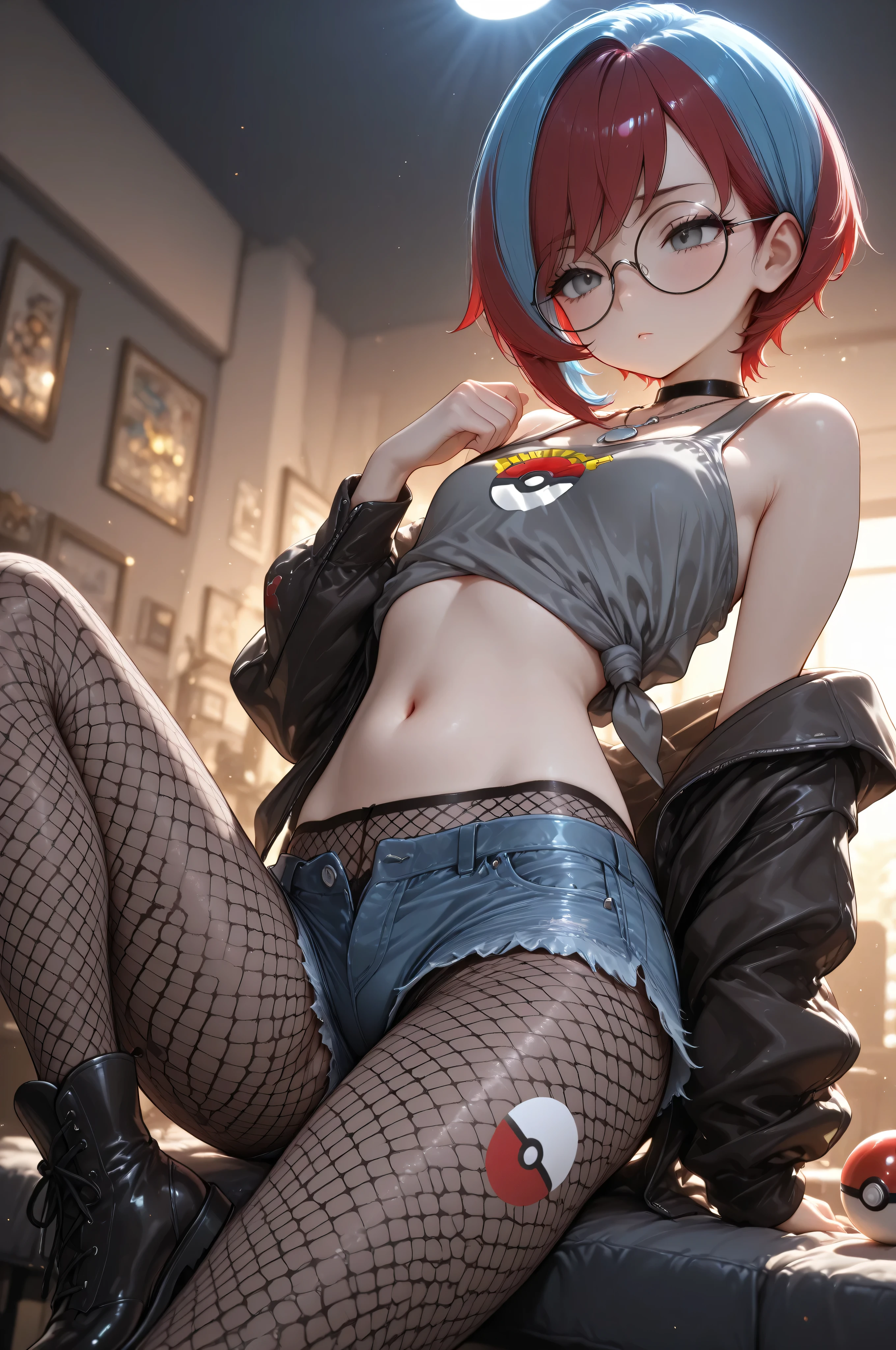 pennypokemon,HDR,Dynamic lighting,masterpiece, best quality,detailed, high resolution, 8k, highly detailed, ultra detailed, beautiful lighting,best quality, short hair, multicolored hair, two-tone hair, red hair, blue hair, bangs, grey eyes,glasses, round eyewear, poke ball print, fishnet pantyhose, japan style hot pants, loli, mini shirt, navel, shoulders, small woman,