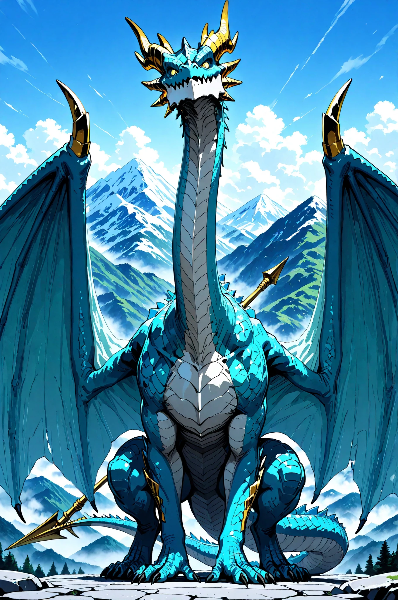 masterpiece, best quality, amazing quality, very aesthetic, high resolution, newest, hyper-detailed, (close up),solo, 1 Dragon, detailed dragon, Blue scales, long neck, golden horns, large wings, a harpoon on his tail, stand on with imponent pose, a mountain on background 