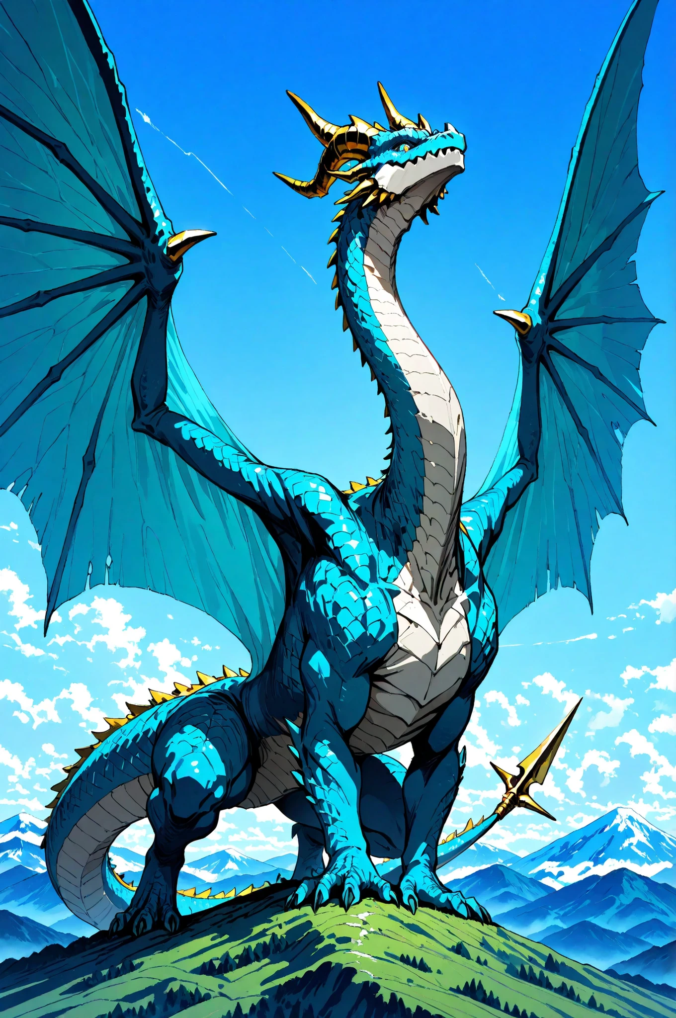 masterpiece, best quality, amazing quality, very aesthetic, high resolution, newest, hyper-detailed, (close up),solo, 1 Dragon, detailed dragon, Blue scales, long neck, golden horns, large wings, a harpoon on his tail, stand on with imponent pose, a mountain on background
