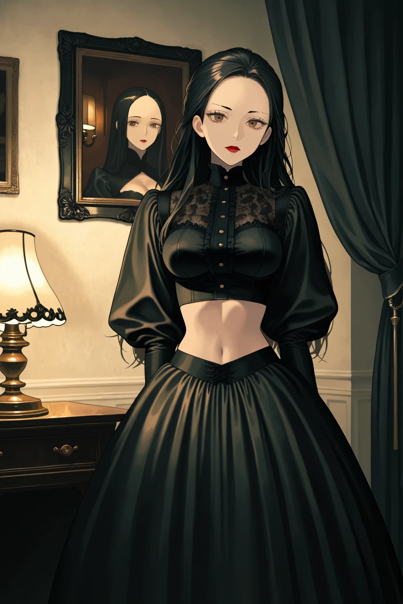 (Perfect Face), (Perfect Body), Black Hair, Long Hair, ((Forehead)), Black Thin Eyebrows, Brown Eyes, Red Lips, (Perfect Lips), (Medium Breasts), (Black Victorian Dresses), (Black Victorian Crop Top), Navel, Standing, (Black Skirt Victorian), Looking At Viewer, (Livingroom, Old Lamp, Old Curtain, White Wall)