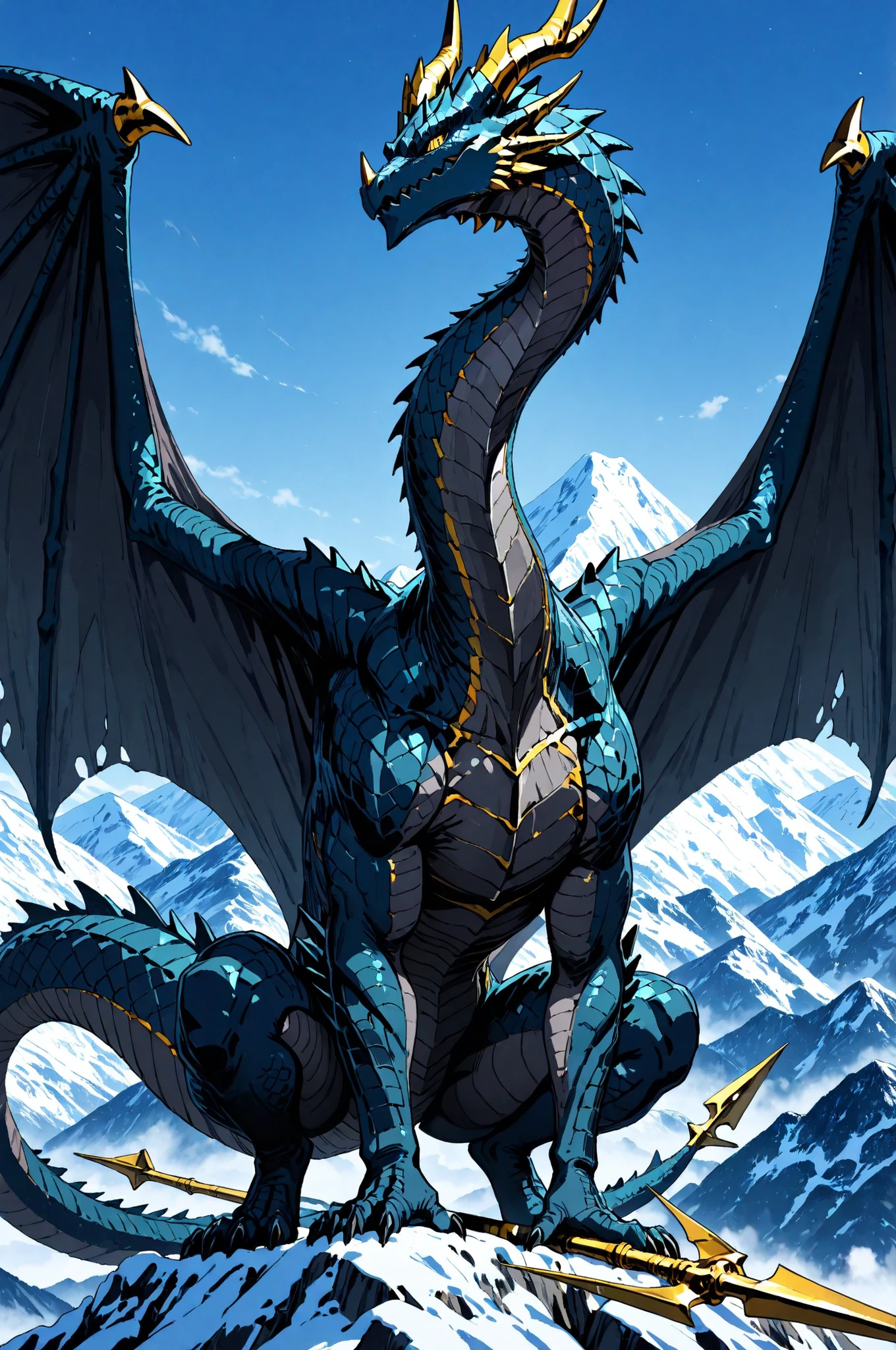 masterpiece, best quality, amazing quality, very aesthetic, high resolution, newest, hyper-detailed, (close up),solo, 1 Dragon, detailed dragon,dark Blue scales, long neck, golden horns, large wings, a harpoon on his tail, stand on with imponent pose, a mountain on background 