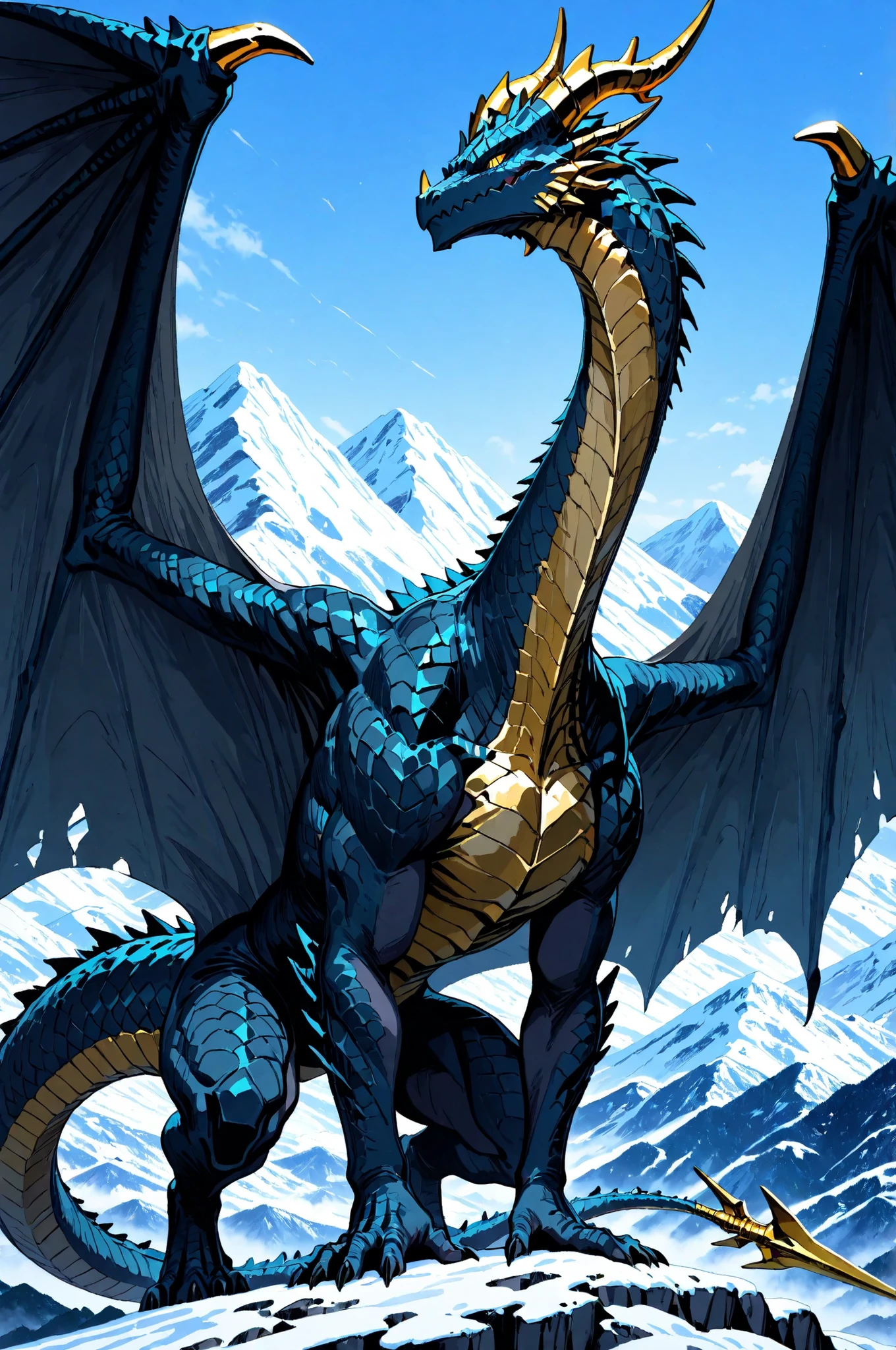 masterpiece, best quality, amazing quality, very aesthetic, high resolution, newest, hyper-detailed, (close up),solo, 1 Dragon, detailed dragon,dark Blue scales, long neck, golden horns, large wings, a harpoon on his tail, stand on with imponent pose, a mountain on background