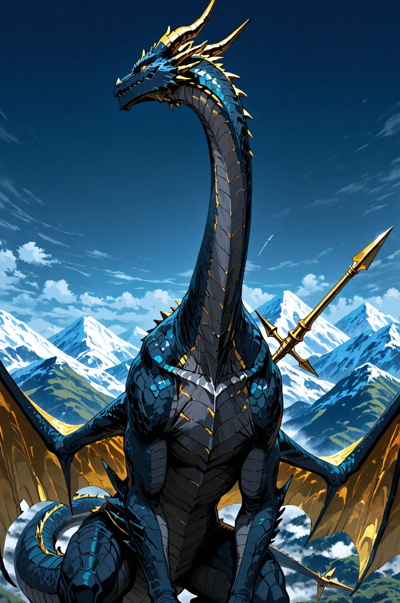 masterpiece, best quality, amazing quality, very aesthetic, high resolution, newest, hyper-detailed, (close up),solo, 1 Dragon, detailed dragon,dark Blue scales, long neck, golden horns, large wings, a harpoon on his tail, stand on with imponent pose, a mountain on background