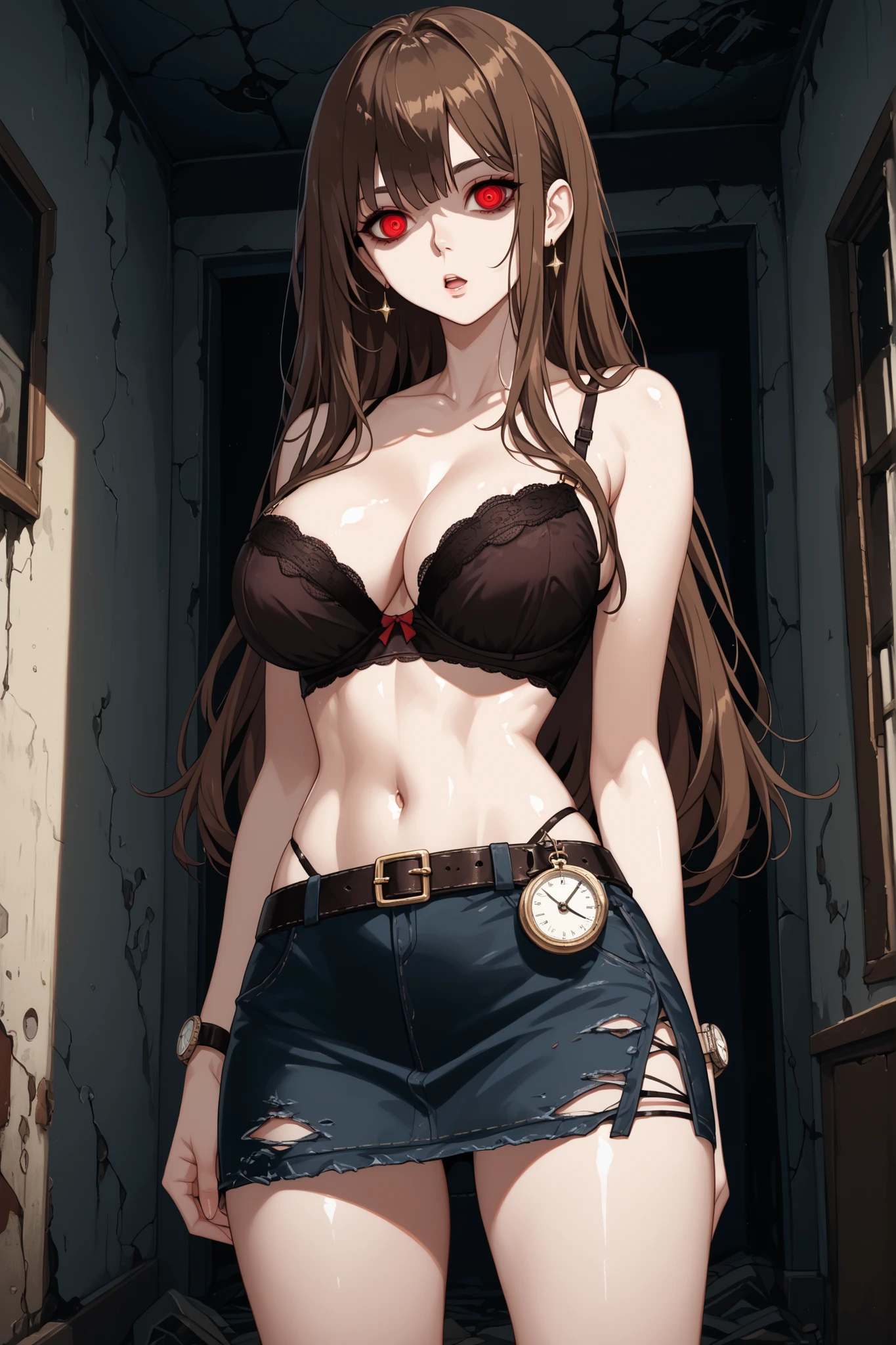 one woman A dark abandoned room at midnight dirty woman Hair deep dark brown hair long wave hair expressionless Open your mouth a little red eyes Hollow Eyes Big Breasts A bra that is tattered and dirty dirty miniskirt standing around in shabby Watch viewers, ((shiny skin)), ((glossy skin))