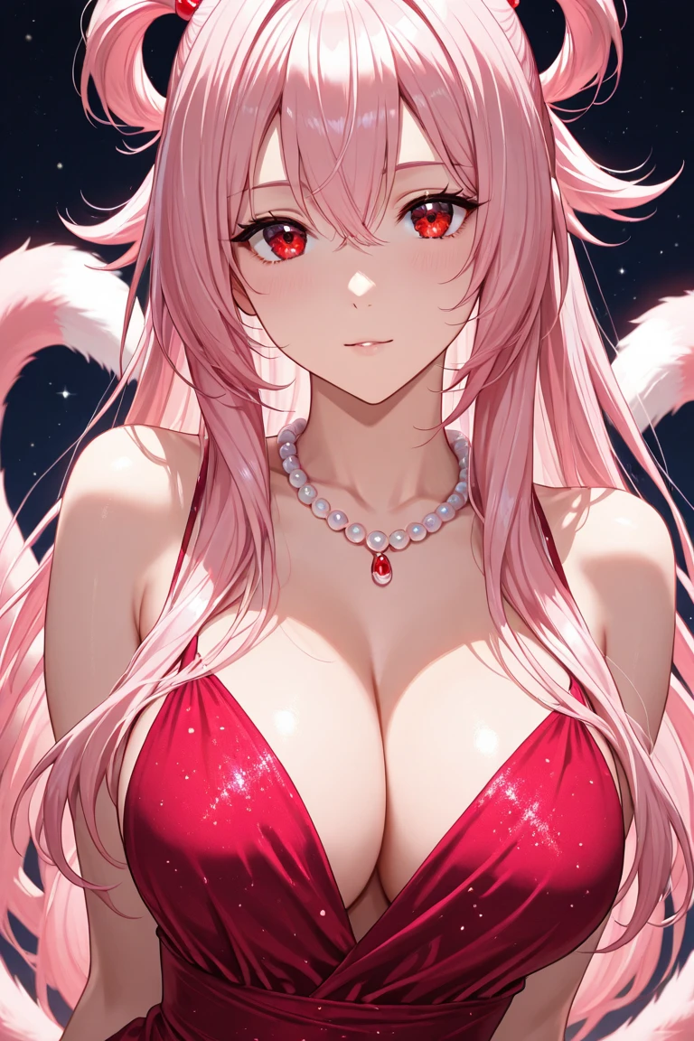 Fox Girl, ?????????????, Voluminous pink hair, masterpiece , Red eyes, hd, Head to ?????, buried in my ?????、Underboob、Double teeth、tooth、Tank top
