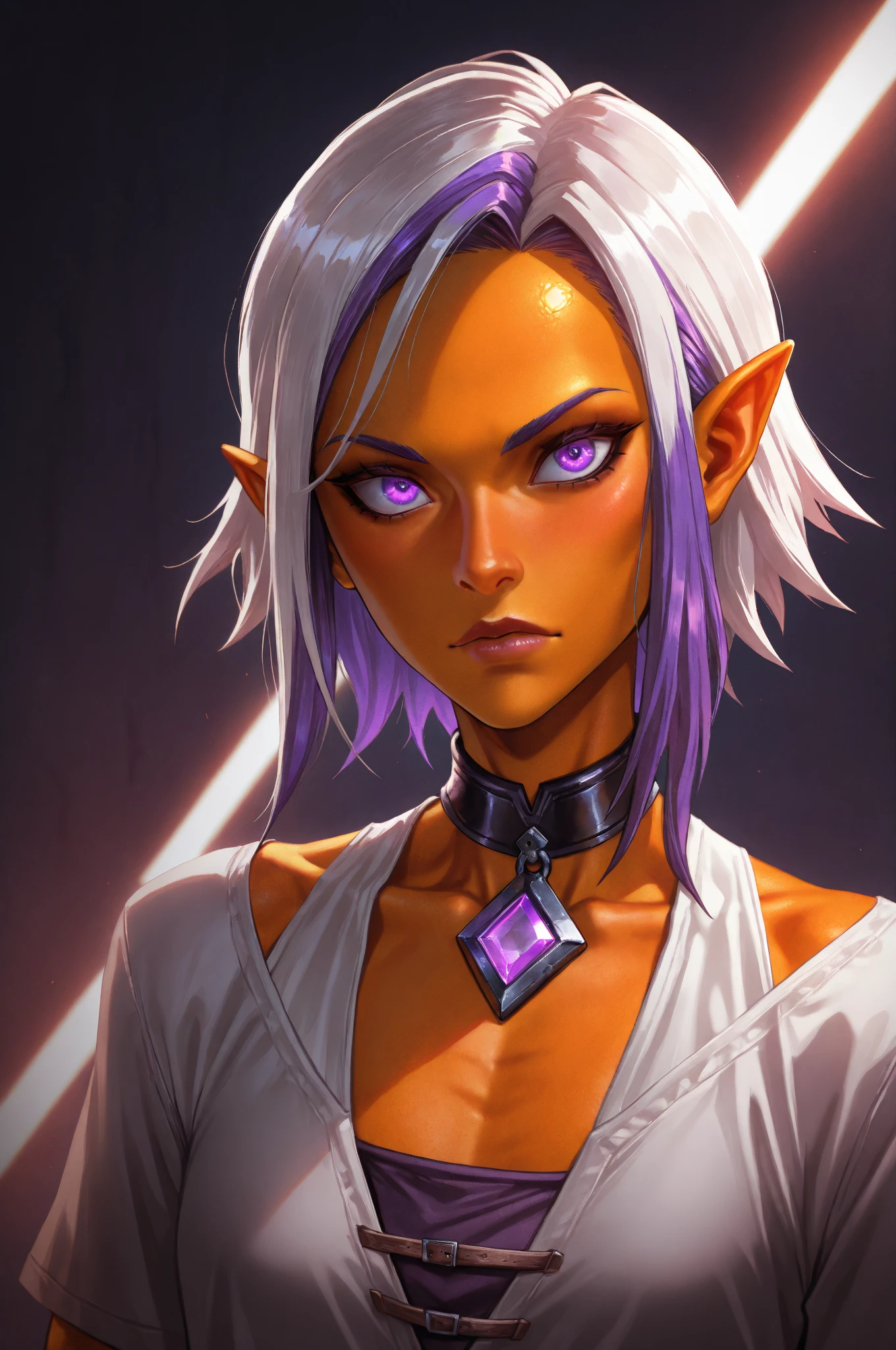 one white girl, riven, riven of league of legends, solo, abs, slender body, (upper body, :1.2), brown eyes, white hair, choker, (white skin:1.1), (toga, roman clothes, :1.5), shoulders, belts, shoulder-belts, masterpiece, highly detailed, look at viewer, expressing joy, shiny blured orange background, gradient sprayed background, smile, happy face, naughty grin, front view, gradient red purple background, blured background, glowing edges of image