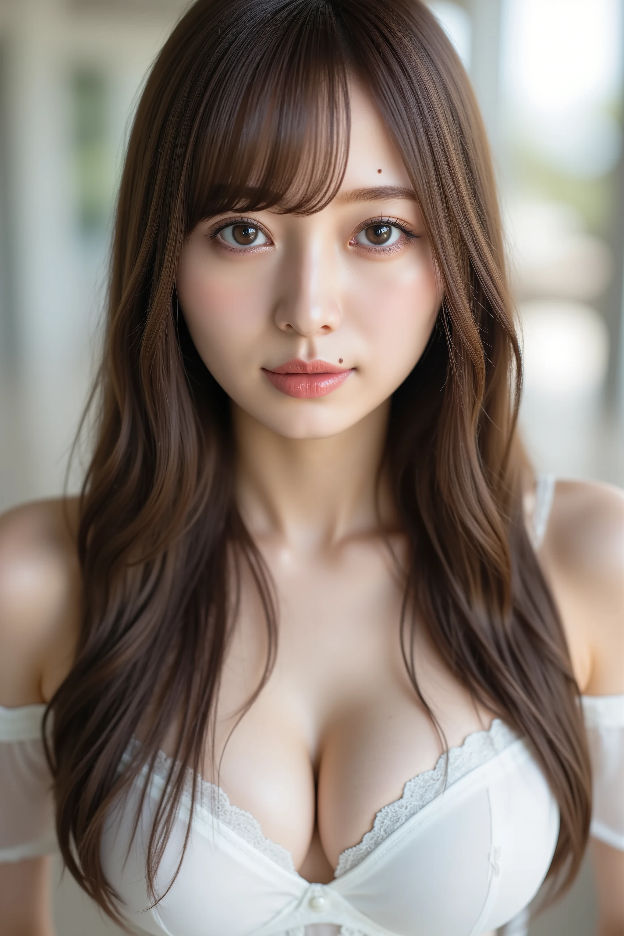 High-resolution photo of a young Japanese woman.
16K, masterpiece, high quality, ultra detailed, photorealistic, natural lighting, 
1girl, beautiful hair, big cleavage, (see through clothes, white bra, off shoulder),
her eyes are seductive, loving gaze, looking at viewer, 
An extreme close-up shot of the face, 
Fantastic landscape, particles of light, eroticism, Soft light from behind