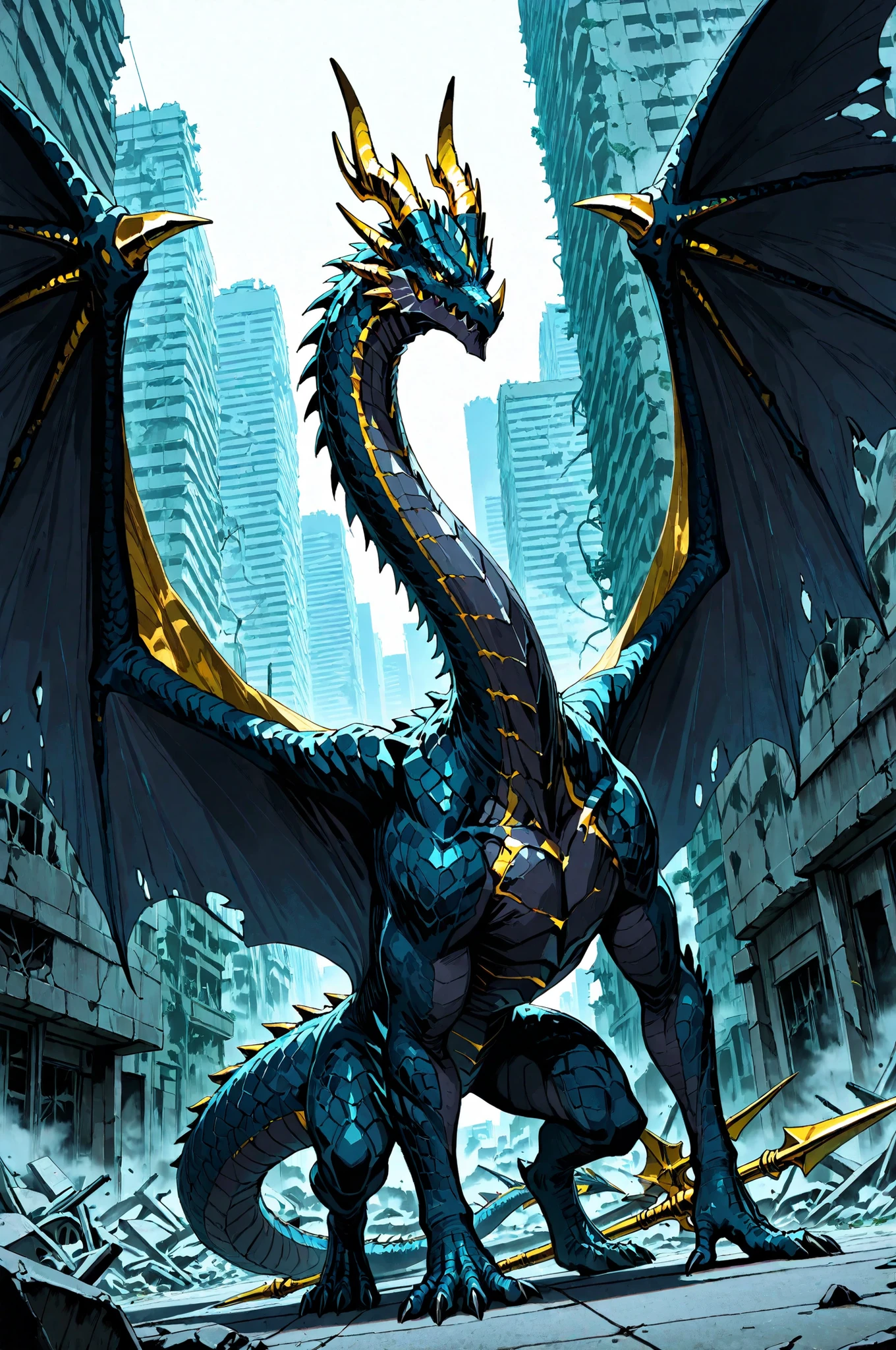 masterpiece, best quality, amazing quality, very aesthetic, high resolution, newest, hyper-detailed, (close up),solo, 1 Dragon, detailed dragon,dark Blue scales, long neck, golden horns, large wings, a harpoon on his tail, stand on with imponent pose, a modern city ruins on background