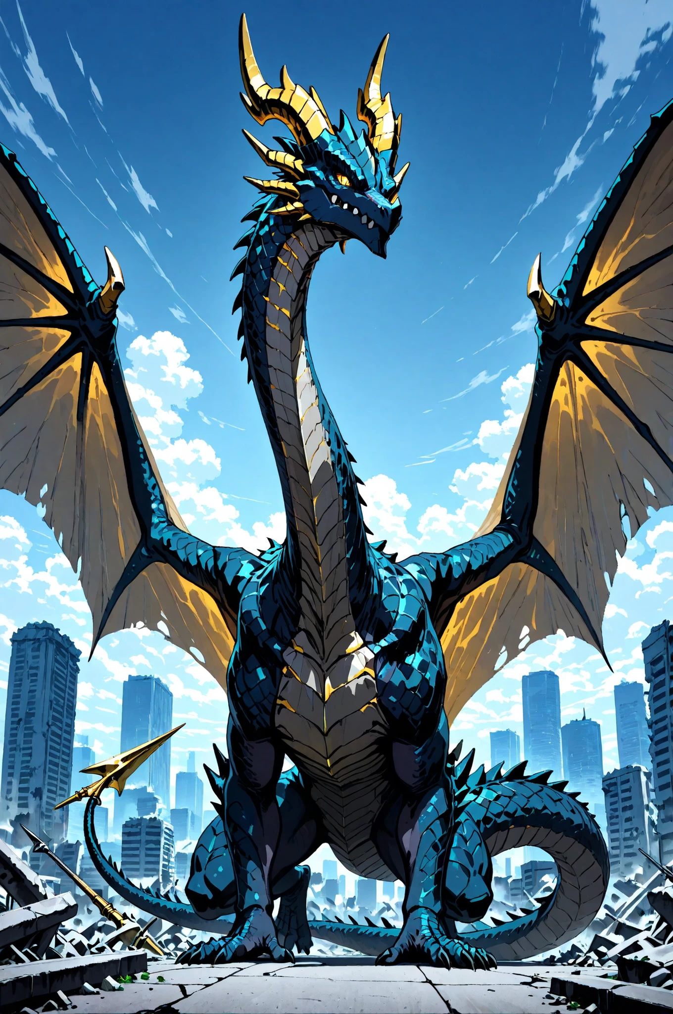masterpiece, best quality, amazing quality, very aesthetic, high resolution, newest, hyper-detailed, (close up),solo, 1 Dragon, detailed dragon,dark Blue scales, long neck, golden horns, large wings, a harpoon on his tail, stand on with imponent pose, a modern city ruins on background