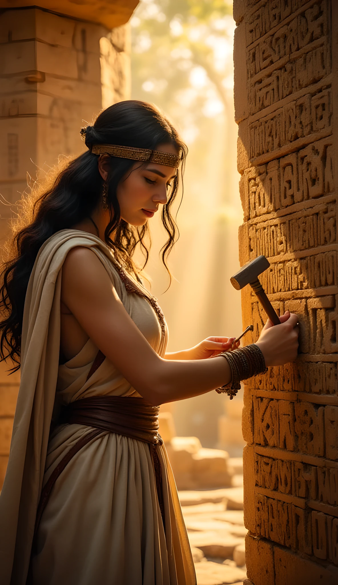 In the warm glow of an ancient Sumerian temple, a woman clad in a flowing tunic cloak meticulously carves ultra intricate cuneiform symbols into the stone wall. Her focused movements, guided by a precise hammer and nail, reveal the artistry of a wise sage dedicated to preserving sacred knowledge. Adorned with a delicate headband and subtle jewelry, she embodies both grace and strength. The golden afternoon light accentuates the lifelike textures of her skin and the detailed carvings, while the dynamic cinematic angle captures the temple’s depth and the vibrant atmosphere of this prehistoric cradle of civilization.