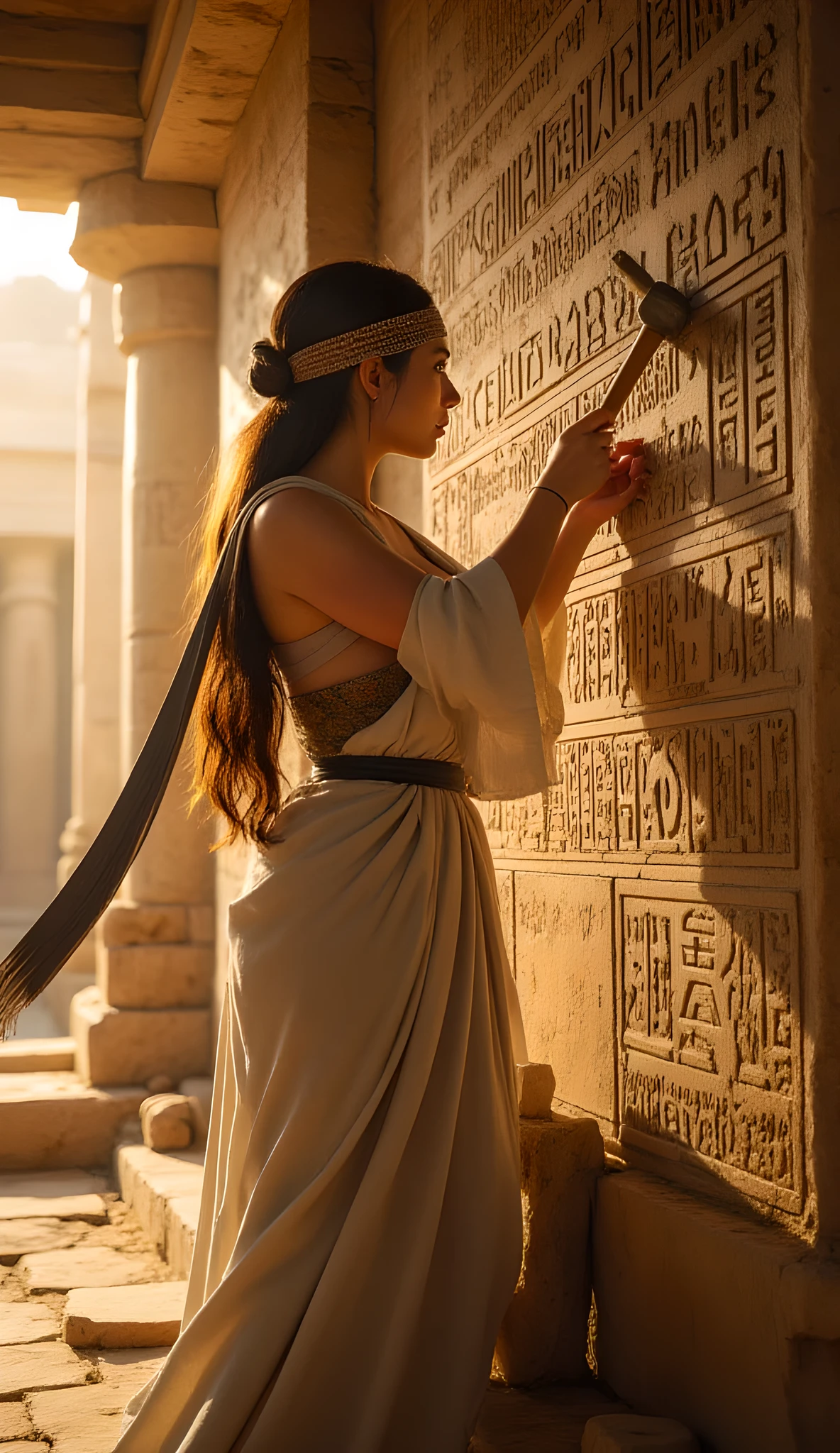 In the warm glow of an ancient Sumerian temple, a woman clad in a flowing tunic cloak meticulously carves ultra intricate cuneiform symbols into the stone wall. Her focused movements, guided by a precise hammer and nail, reveal the artistry of a wise sage dedicated to preserving sacred knowledge. Adorned with a delicate headband and subtle jewelry, she embodies both grace and strength. The golden afternoon light accentuates the lifelike textures of her skin and the detailed carvings, while the dynamic cinematic angle captures the temple’s depth and the vibrant atmosphere of this prehistoric cradle of civilization.