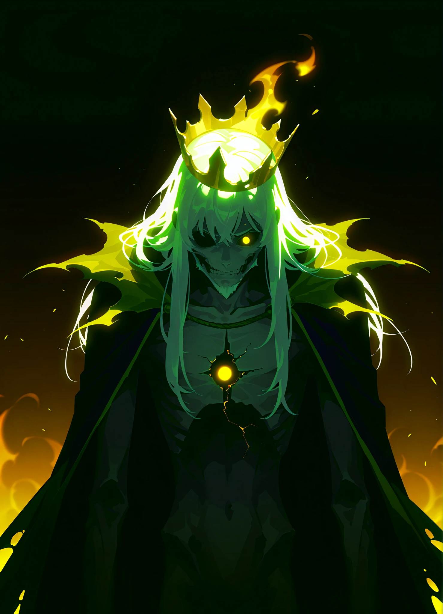 Undead, very old, Hungry, hollow cheek, ribcage, extremly skinny, alone, male, long hair, white hair, white beard, white skin, bare chested , Nose torn off , hollow eyes, Sick body, royal cape, yellow black flame, upperbody, broken crown, upperbody, hollow , solo leveling style, 2d