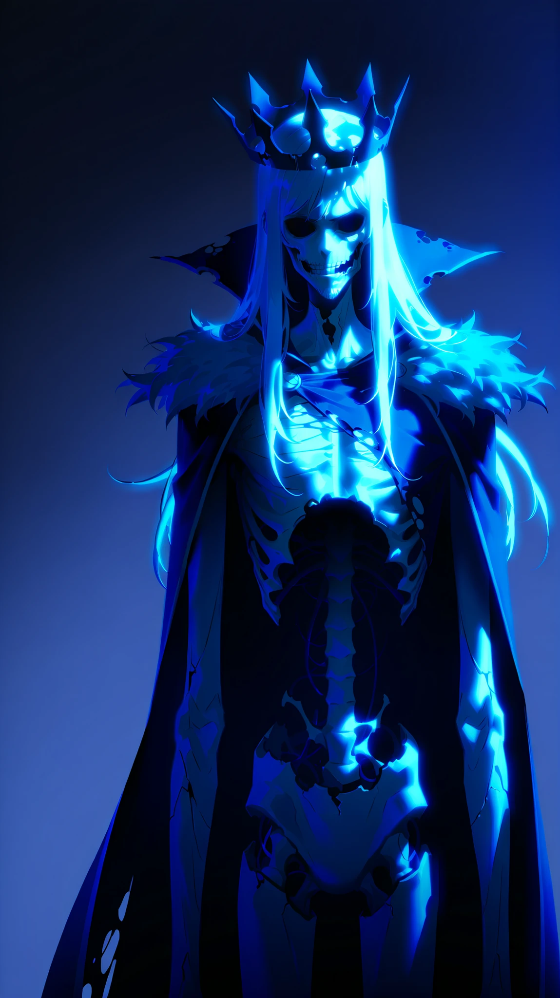 Undead, very old, Hungry, hollow cheek, visible ribcage, extremly skinny, alone, male, long hair, white hair, white beard, white skin, bare chested , Nose torn off , hollow eyes, Sick body, royal cape, upperbody, broken crown, upperbody, hollow , solo leveling style, 2d