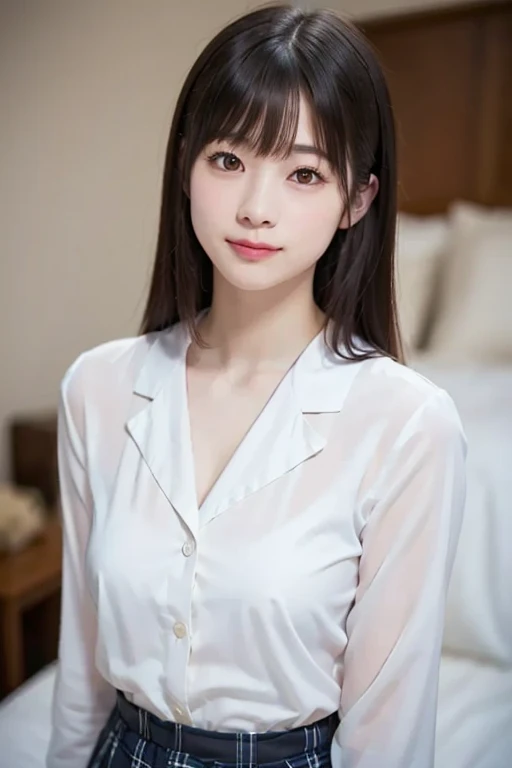 product quality, 1girl, upper body shot, front view, a Japanese young pretty girl, long bob hair, lying alone with a big smile on her back on a silk bed in a luxury room in the night, glamorous figure, wearing a long sleeve and white collared silky satin shirt unbuttoned, shiny satin white , hyper cute face, glossy lips, double eyelids in both eyes, natural makeup, long eyelashes, shiny smooth light brown long bob hair, asymmetrical bangs, central image, high resolution, high detail, detailed hairstyle, detailed face, spectacular cinematic lighting, octane rendering, vibrant, hyper realistic, perfect limbs, perfect 