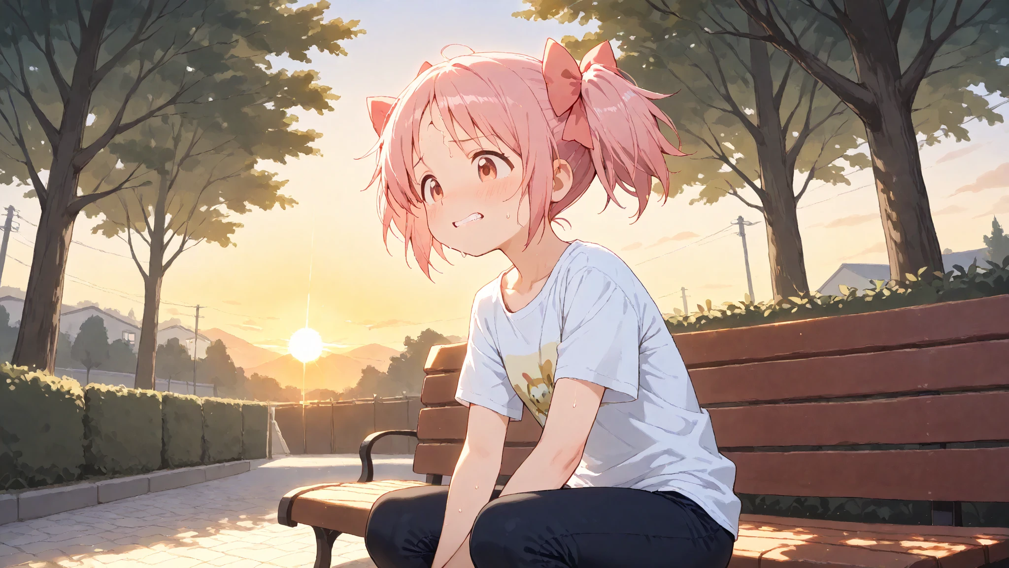 best quality, 1girl, sayori, portrait, solo, (light blush:0.5), (blush:0.2), short hair, pink hair, blue eyes, (small breasts:1.2), smile, (petite:0.5), 14 years old, (:1.7), sketch, (pink t-shirt:1.5), , hair bow, red bow, (blue skirt:1.3), ( outline:0.9), (covered :1.6), sunlight, sun beams, sitting on grass, sitting down, park, surrounded by flowers, (evening setting), sweet expression, (sfw:0.7), (:1.2), happy, (white :1.4)