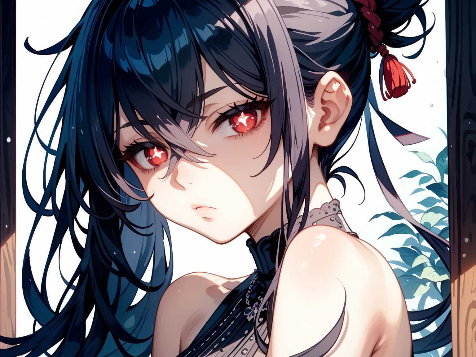 Cool women、、Center of 、Rize from Chainsaw Man、beauty、Yandere、、Face close-up、Kiss with your eyes closed、 tattoo、Red lace、necklace、There are no moles on the face、The face remains the same、