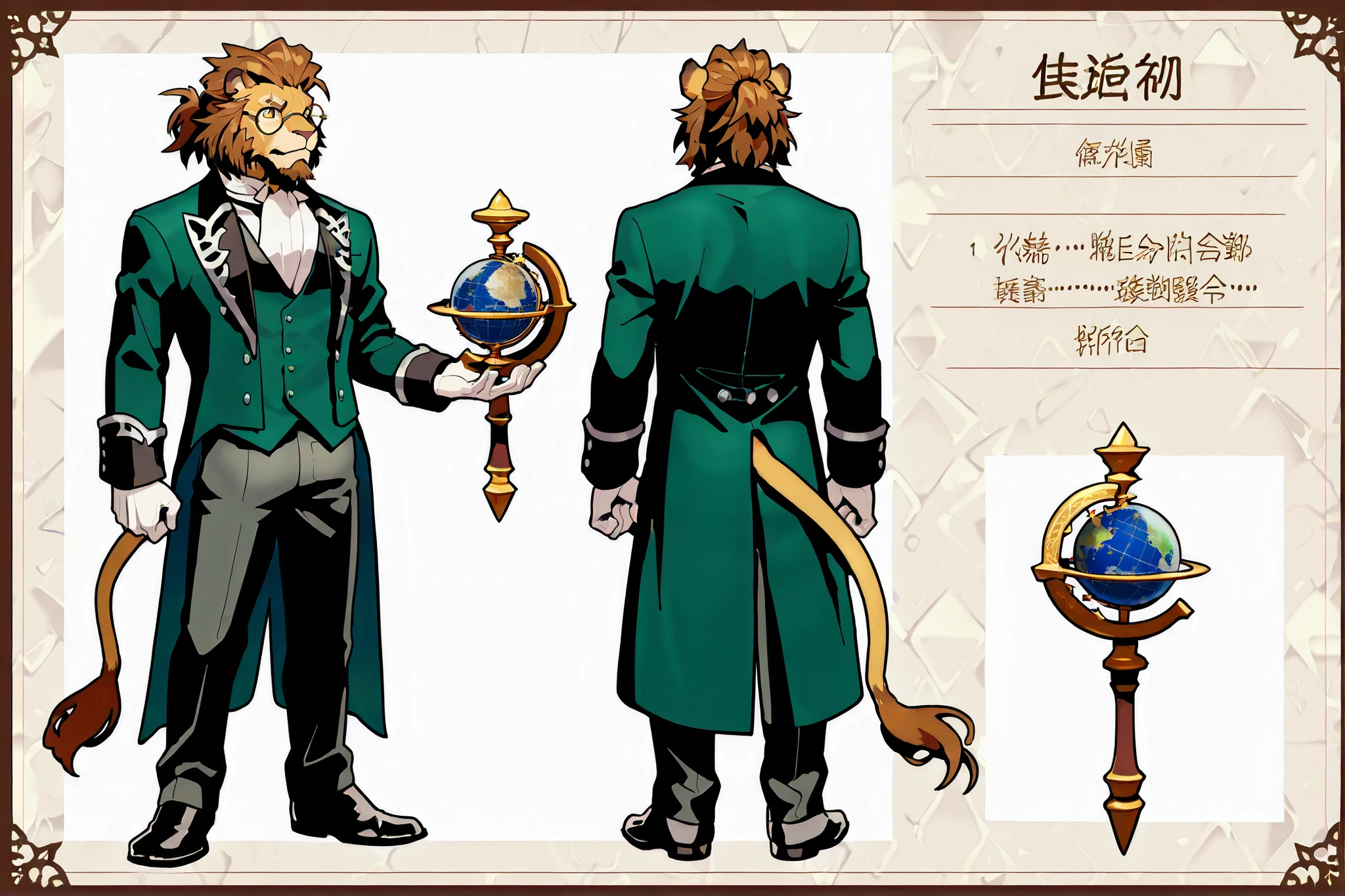 Experienced furry character reference sheet adoptable for Cornelius, masterpiece , modern day alternate universe, tavern background, full body, multiple views , best quality , masterpiece , masculine , character sheet , dungeon & dragons , visual novel , featured on Pinterest, dynamic. Cornelius, Horthgar, lion head, no markings, no mane, no defects, brown ponytail hairstyle, handsome, distinguished, gentleman, wears tiny perfect round glasses, green butler outfit、white gloves, perfect goatee, casting limit break 3、looking comfortable、More attractive、perfect hands, perfect eyes, focus on face, Detailed Full Body , Majestic , Detailed Full Body 非常に詳細な体, Body Details, sexy、Capture images that look more appealing 、High Quality、top quality、detailed background、 Detailed Full Body 非常に詳細な体, Body Details,handsome, matureした, sexy, floating effortlessly, holding astrologian globe weapon, dazzling galaxies, planets and stars, sparkling outer space stars background, many colors in harmony.