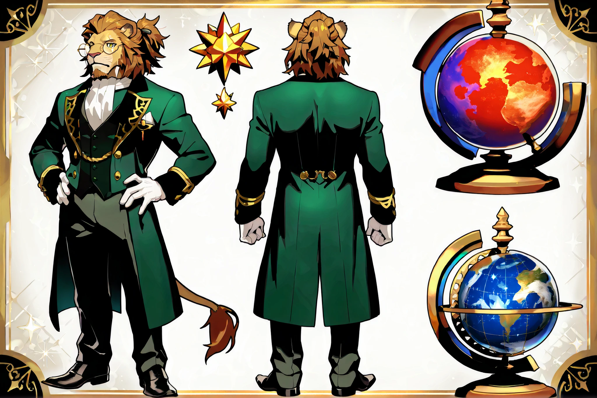 Experienced furry character reference sheet adoptable for Cornelius, masterpiece , modern day alternate universe, tavern background, full body, multiple views , best quality , masterpiece , masculine , character sheet , dungeon & dragons , visual novel , featured on Pinterest, dynamic. Cornelius, Horthgar, lion head, no markings, no mane, no defects, brown ponytail hairstyle, handsome, distinguished, gentleman, wears tiny perfect round glasses, green butler outfit、white gloves, perfect goatee, casting limit break 3、looking comfortable、More attractive、perfect hands, perfect eyes, focus on face, Detailed Full Body , Majestic , Detailed Full Body 非常に詳細な体, Body Details, sexy、Capture images that look more appealing 、High Quality、top quality、detailed background、 Detailed Full Body 非常に詳細な体, Body Details,handsome, matureした, sexy, floating effortlessly, holding astrologian globe weapon, dazzling galaxies, planets and stars, sparkling outer space stars background, many colors in harmony.