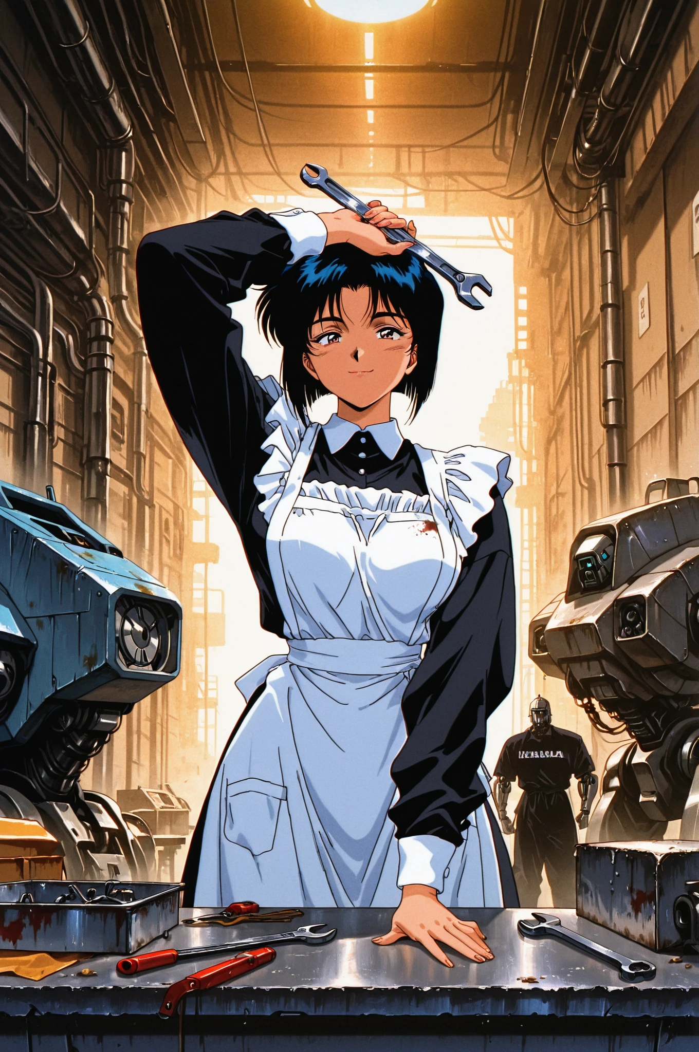 (masterpiece, best quality), realistic anime art style, 1 girl, Fair-skinned, (glamor), (large breast:0.6), black hair, droopy eyes, , standing, arms up, (being grabbed  by many small mechanical hands, mechanical hands is made of resin:1.2), (grabbing breast, grabbing arms, grabbing waist, grabbing ankle:1.2), At the robot laboratory, (), sweat 