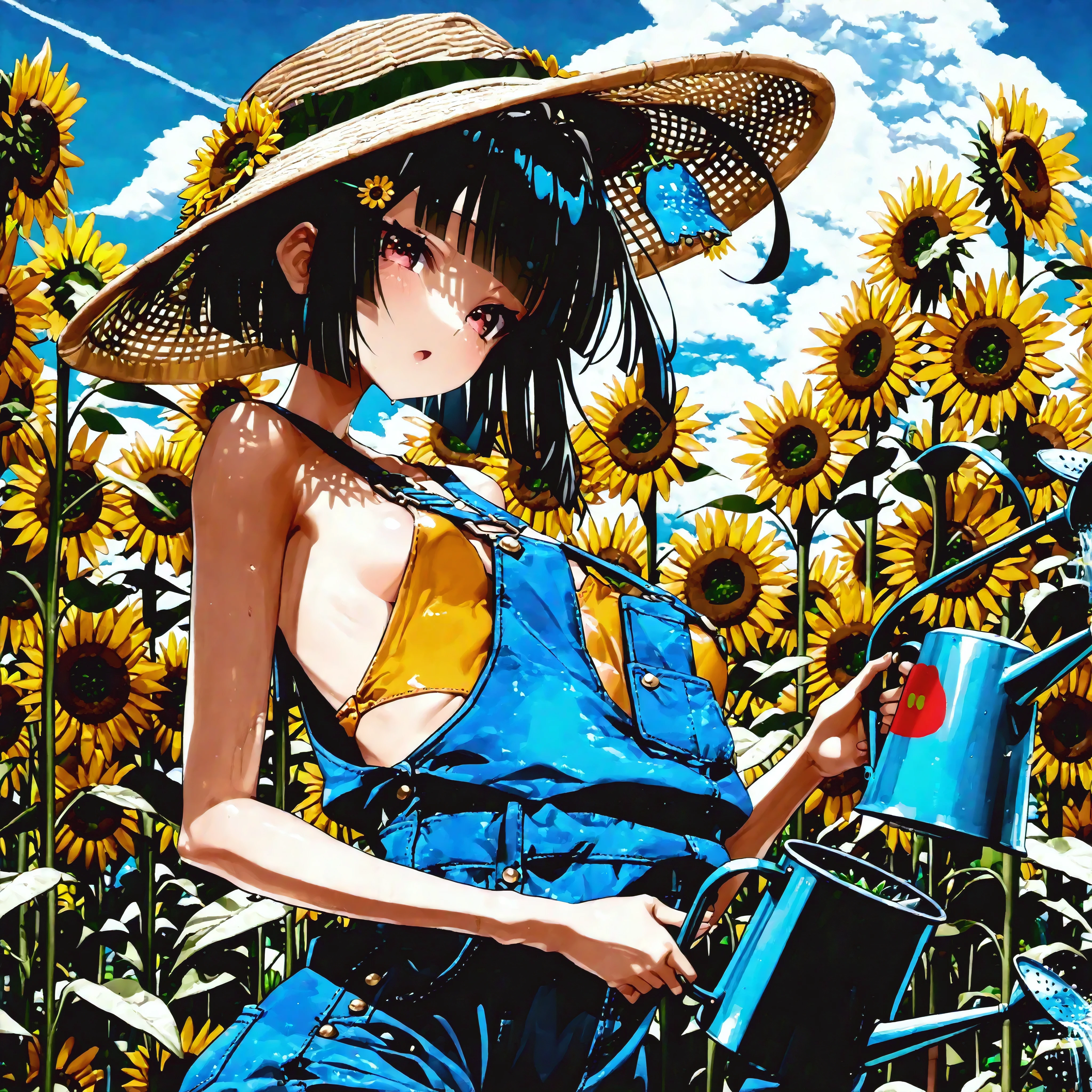 1girl。((live-action。Japanese。Beautiful Woman))。((a big city turned into a jungle with grass。Growing sunflowers in a field。watering sunflowers with a watering can。hat。overalls))。((best quality)), ((masterpiece)), ((high resolution)),((detailed))。blunt bangs。ahoge。short hair。cute hairpin。small 。