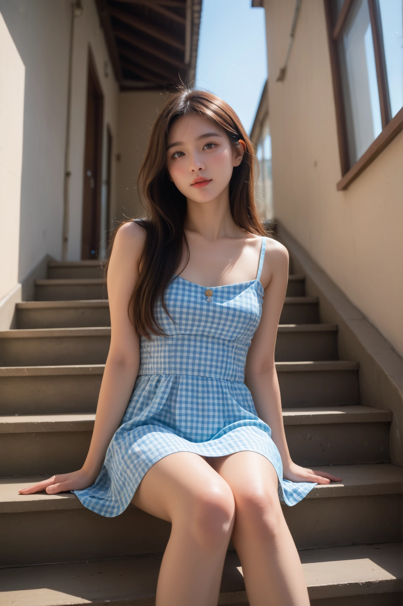Highly detailed, Amazing work, Lighting: Low, honeyed sunlight streaming in from a 45° angle, catching the sheen of the satin so it glows in gradients — The scene depicts a young korean woman seated on a set of light-colored stairs, suggesting a casual yet stylish atmosphere. She wears a blue and white checkered dress with thin straps, which drapes elegantly over her figure, highlighting a relaxed, summertime vibe. Her dress has a flared silhouette that adds to the overall gentle aesthetic of the composition. The lighting is bright, likely natural daylight, creating soft shadows that enhance the contours of the stairs and her figure. The background features wooden textures, hinting at an urban or rustic setting, and includes elements like a partial view of a building façade, enhancing the geographic context. The composition is well-balanced, with the subject placed in a slightly off-center position, drawing the viewer's eye through the frame and inviting exploration of the surrounding space. The color palette showcases soft blues and neutral tones, contributing to a serene atmosphere. Technical elements, such as a shallow depth of field, may be utilized to keep the focus on the woman while subtly blurring the background, isolating her as the focal point of interest without distraction. This image captures a moment of relaxation and casual elegance, suitable for showcasing modern fashion in an outdoor environment.