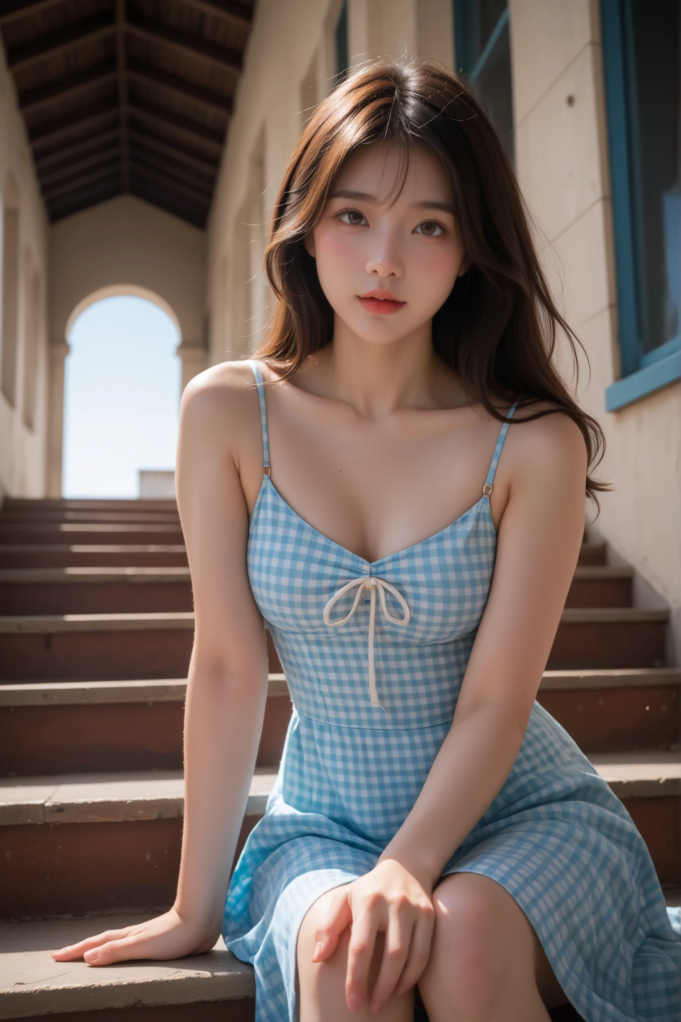 Highly detailed, Amazing work, Lighting: Low, honeyed sunlight streaming in from a 45° angle, catching the sheen of the satin so it glows in gradients — The scene depicts a young korean woman seated on a set of light-colored stairs, suggesting a casual yet stylish atmosphere. She wears a blue and white checkered dress with thin straps, which drapes elegantly over her figure, highlighting a relaxed, summertime vibe. Her dress has a flared silhouette that adds to the overall gentle aesthetic of the composition. The lighting is bright, likely natural daylight, creating soft shadows that enhance the contours of the stairs and her figure. The background features wooden textures, hinting at an urban or rustic setting, and includes elements like a partial view of a building façade, enhancing the geographic context. The composition is well-balanced, with the subject placed in a slightly off-center position, drawing the viewer's eye through the frame and inviting exploration of the surrounding space. The color palette showcases soft blues and neutral tones, contributing to a serene atmosphere. Technical elements, such as a shallow depth of field, may be utilized to keep the focus on the woman while subtly blurring the background, isolating her as the focal point of interest without distraction. This image captures a moment of relaxation and casual elegance, suitable for showcasing modern fashion in an outdoor environment.