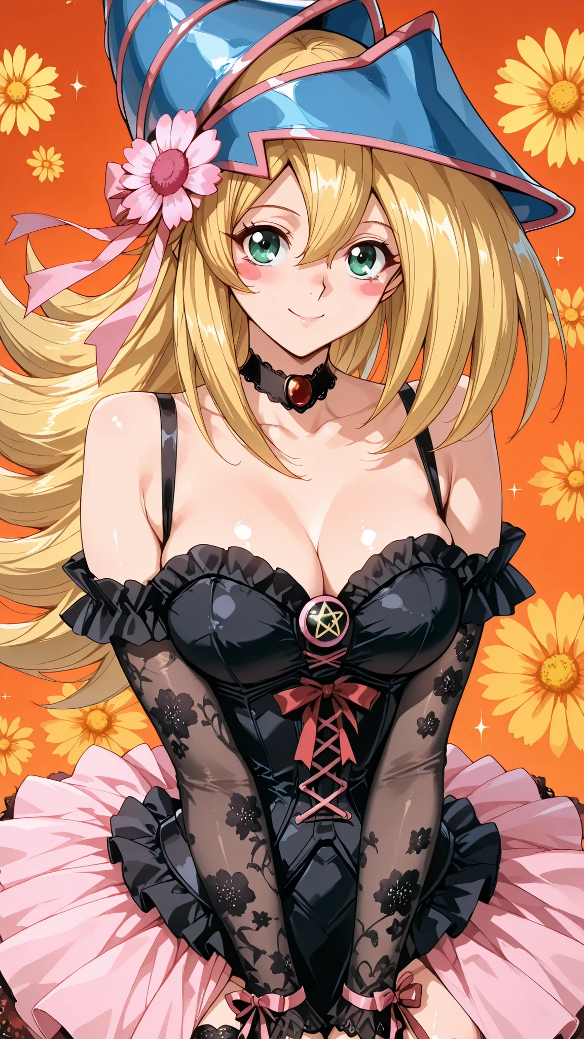 solo, dark magician girl, blonde hair, choker, green eyes, long hair, blush, blush stickers, breasts, mature female, anime screencap, Tight waist、Small waist、shiny Skin , (upper body), sexy, score_9, score_8_up, score_7_up, source_anime,(extremely detailed CG), (best quality) , sexy, light smile, sexy, autumn Lolita fashion, ultra-mini tutu-like skirt with many layered frills, decorated with many ribbons, colorful autumn palette (yellow, orange, red, black), corset bodice with ribbon bows, skirt layers with ribbon details, sheer black lace sleeves with floral patterns, transparent effect, cosmos flower choker with ribbons, cosmos ribbon hair accessories, black lace thigh-high stockings with cosmos flower and ribbon patterns