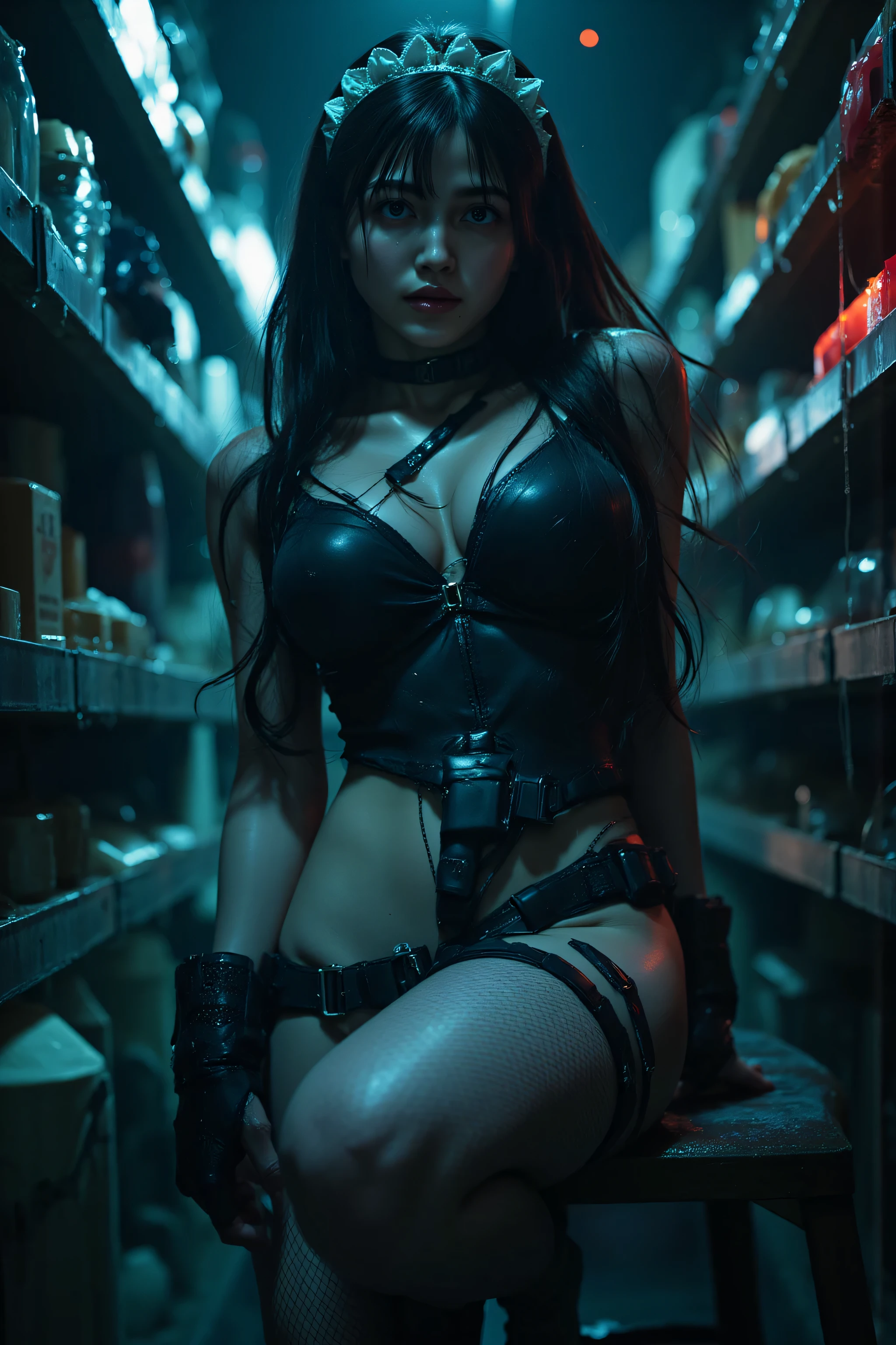 (((Inside a dark spaceship illuminated by black light:2.0))),(((HR Giger-esque cyberpunk atmosphere:2.0)))one woman between stores,(cute face:1.7),(Beautiful well-balanced face :1.7),((long hair:2.0)),(dark haired:1.5),(beautiful eyes:1.3),glamorous shot of a 20-year-old Japanese woman,Beautiful slender body,(((model body type:2.0))),((slim body:2.0)),perfect body line,ideal proportions,(big breasts:2.0),((スリーサイズ90-58-86:3.0)),((G cup breasts:2.0)),Bare thighs,sensual thighs,delicate body,(muscular:1.5),natural posture,(Carefully Depicts Limbs Based on Perfect Anatomy:2.0),((黒いハーネス付超ハイレグレオタードmaid clothes:2.0)),((maid clothes:2.0)),((((maid clothes風のレース製の透けた超ミニスカート:2.0)))),((Tactical Holster:2.0)),(((thick fishnet tights:2.0))),((Tactical Holster:1.5)),((maid-style headband:1.7)),concept art,(Highest Quality:1.5),(masterpiece:1.5),(超高Resolution),Resolution,UHD,(delicate depiction),carefully drawn,32k,((Realistic Skin Texture:1.5)),(((Ultra Realistic:1.5))),carefully drawn eyelashes,Highly Detailed Faces,highly detailed female hands,very sensual,(Blurry, dim background:1.5),professional photo shoot,(Movie Lights:2.0),((Blade Runner Style Lighting:2.0))