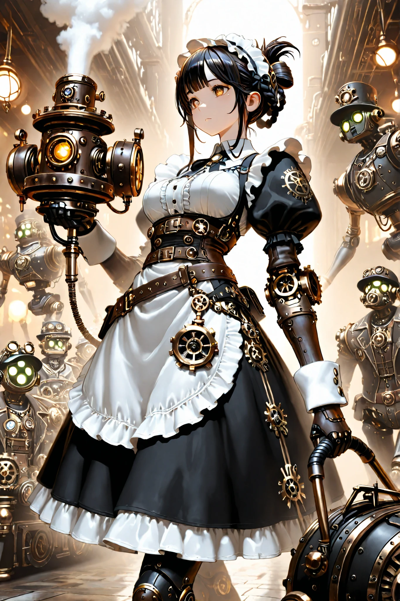 ((Masterpiece)Top quality, steampunknoireai )1 robot and 1 girl. People are small, robots are big.
gear accent,steampunk. huge  steam punk robot.
young girl(Braided updo.maid clothes.leather belt,Goggle. Holding a big impact driver.)