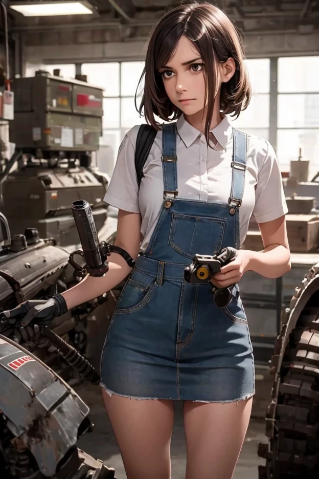 a maid in uniform repairing massive mechs with a wrench and motor oil, detailed facial features, focused expression, oil-stained overalls, tools scattered around, gears and machinery in the background, industrial workshop setting, dramatic lighting, cinematic composition, photorealistic, 8K, HDR, physically-based rendering, vibrant colors, dramatic shadows