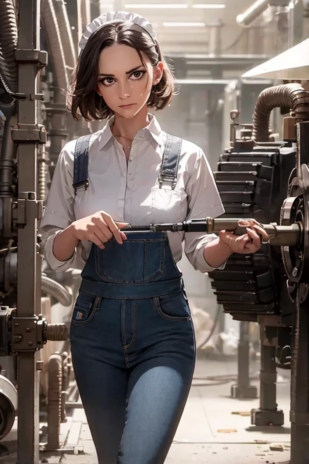 a maid in uniform repairing massive mechs with a wrench and motor oil, detailed facial features, focused expression, oil-stained overalls, tools scattered around, gears and machinery in the background, industrial workshop setting, dramatic lighting, cinematic composition, photorealistic, 8K, HDR, physically-based rendering, vibrant colors, dramatic shadows