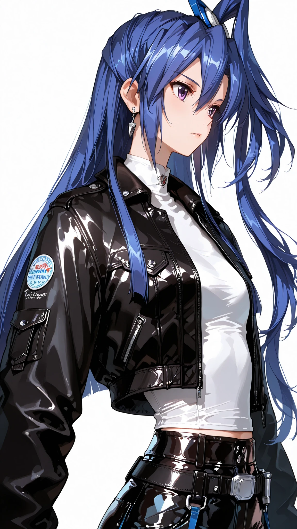 solo, kazanari tsubasa, blue_hair purple eyes, one side up, Tight waist、Small waist、shiny Skin , (upper body), Urban streetwear outfit featuring glossy black leather jacket with high-shine finish, reflective leather pants catching light, oversized fit, tactical straps and buckles, chrome hardware details, futuristic techwear aesthetic, dramatic lighting highlighting the leather's reflective surface, photography style, lights reflecting off the material, edgy contemporary fashion, luxury streetwear vibe, ultra-detailed, masterpiece, illustration,(pure white background)