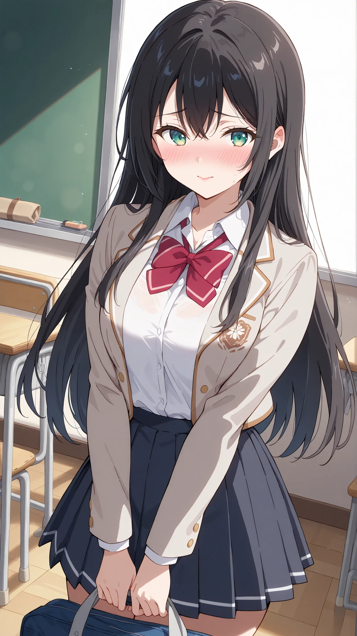 masterpiece , best quality , highly detailed , ultra high res , Score_9, Score_8_up, Score_7_up, perfect anatomy, detailed fingers, detailed eyes,
cowboy shot, dutch angle, focus on face,
"A Very beautiful Adult Girl" , "black hair" , "covered hair eye, school uniform, pleated skirt, in bag" , "embarrassed and blushing" , "fit body" , "Lipstick and long eyelashes" , "green eyes", "cute girl, blushing, shy scenery" "classroom, japanese pose"