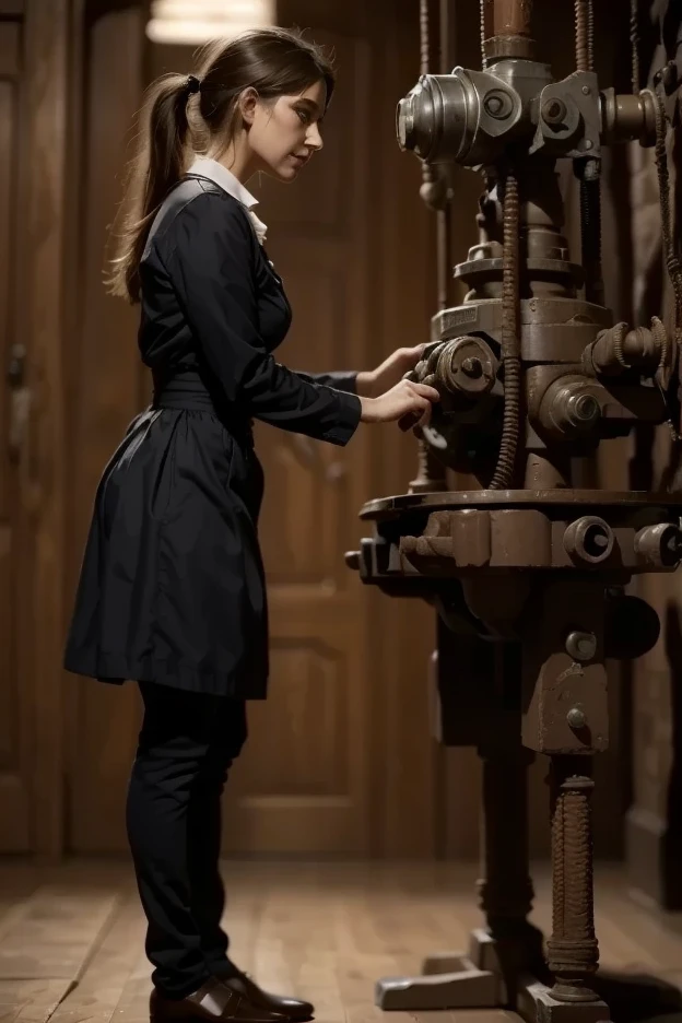 maid mechanic, female maid in uniform repairing massive mech robot with wrench and motor oil, detailed facial features, focused expression, oily hands, standing posture, photorealistic, high quality, 8K, studio lighting, physically-based rendering, extreme detail, vivid colors, metal, steel, industrial factory, pipes, gears, machinery, cinematic lighting, epic scale, intricate design, concept art style