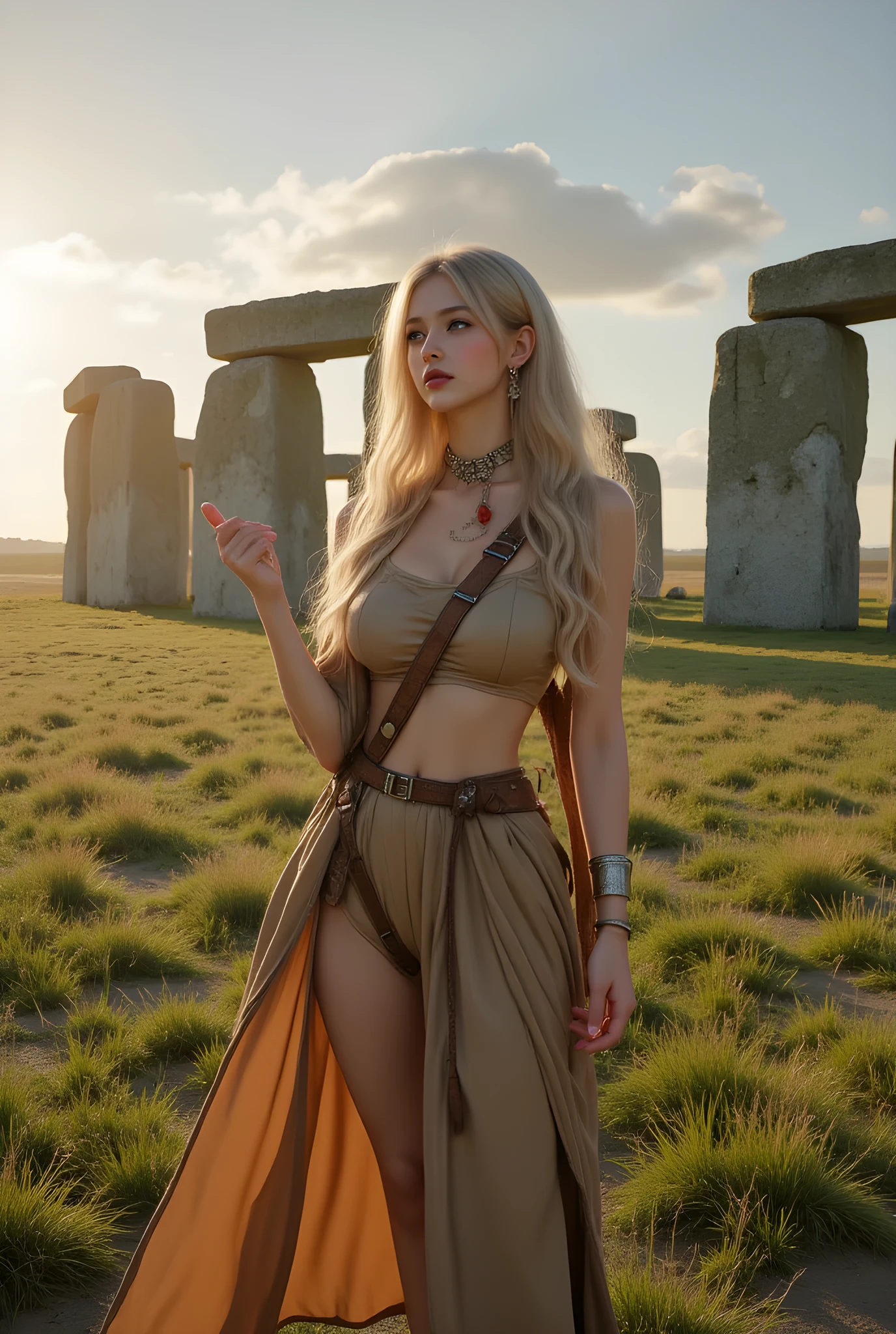 Ancient prehistoric age era, 
(Stone civilization age era:1.6), 

((Realistic cinematography ultra-wide depth intense details of realistically precise scenery of large Stonehenge)),orderly stonehenge on the background,a detailed of Germanic happy female pointing her hand,to large Stonehenge,,(Megaliths),(),((vivacious)),wearing fully, long primitives tribal long tunic cloak dress,,,(perfectly depth symmetrically curvy busty full body shapely),(cinematic dynamically camera widely angle scenery:accurately depicted:1.3),the lively prehistoric cradle of history depicting scenery,afternoon,realistically full depth,(cinematography dynamic angle|hyperrealistic:realistic scenery:3d texture over the scenery),best videography angle,hdr,golden hour, (cinematography vibe),primitive fabric wardrobe,(dynamic image composition),(octane 3d rendering|50mm lens shot:1.3),(precise lifelike skin texture:lifelike hairs:realism),(best rule of third photography composition),(best image aperture),(full details depth of field),(best shutter speed),(RAW photo image),(photorealistic|photorealism:hyperrealism style),(realistic depth 3d:cgi:1.3),(trending on cgsociety:devianart:unreal engine 5),,(best photography:national Geographic style), stonePunkAi and bronzePunkAi artwork, digital art,best lighting concept,(realistic intricately fixed truly fully human's anatomy body+hands+and+fingers anatomical),natural motion,inspired by farcry5 game artwork. 