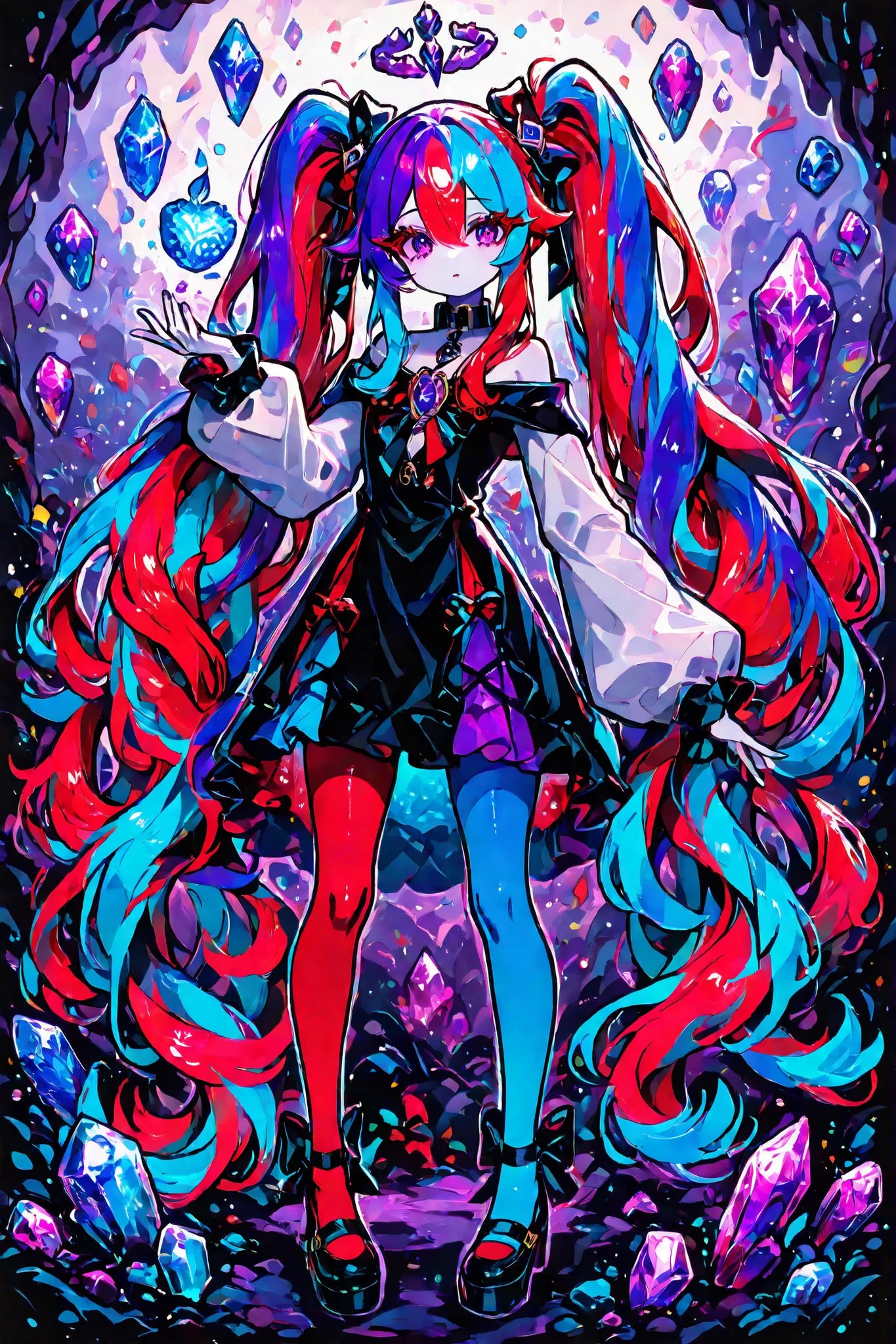 The girl is a magician. She has pale skin and a petite, flat-chested build. She has big purple eyes with long eyelashes. She has two-tone red-and-blue color hair tied in two twintails. She is wearing a long two-tone red-and-blue color vintage-style dress with a black collar, red ruffles,blue bows,and long white sleeves. She's wearing two-tone red-and-blue color tights. She's wearing black Mary Jane shoes with three straps. She has a gold brooch with a red and blue stone. She holds a crystal apple in her hand.(IN the background:The palace is in a cave, purple amethyst crystals grow everywhere.)