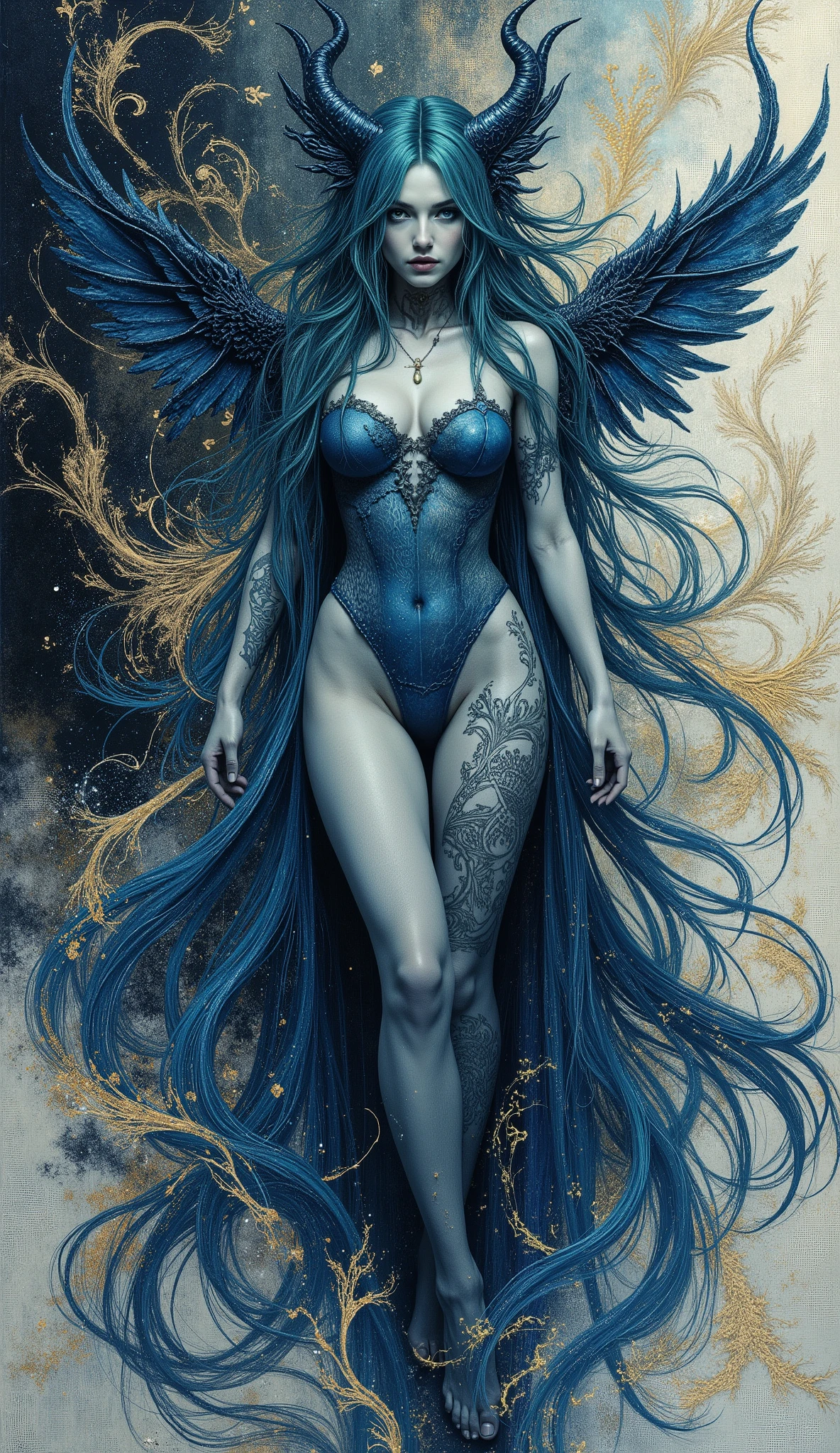 I want to create a tableau dedicated to portraying Lilith, queen of demons, first wife of Adam, first succubus. masterpiece. best quality. Full body shot, Aesthetic pose, artistic background abstract, infernal. Hellscspe in vivid indigo and white colors, perfect anatomy, skin as pale as milk, blue green hair and radiant malevolent eyes, see thru blue shift covers her large bosom and waist, beautiful cinematic impressionistic painting, dark dramatic character, tattoos of demonic script all over body, sinister beauty, shapely tall figure, curvy lush body, young looking 20 year old demon queen dark circles under eyes, surrounded by white flames that protect her,vein the style of jeremy mann and charles dana gibson, mark demsteader, paul hedleyw