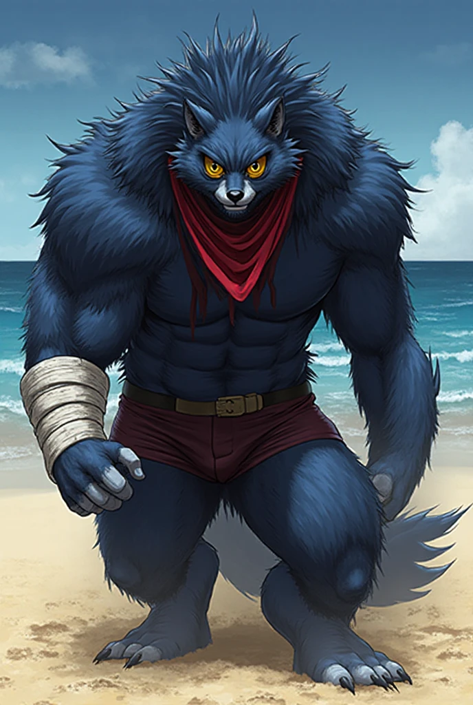 Human-wolf，musculous，Hairy all over，clawed paws， through