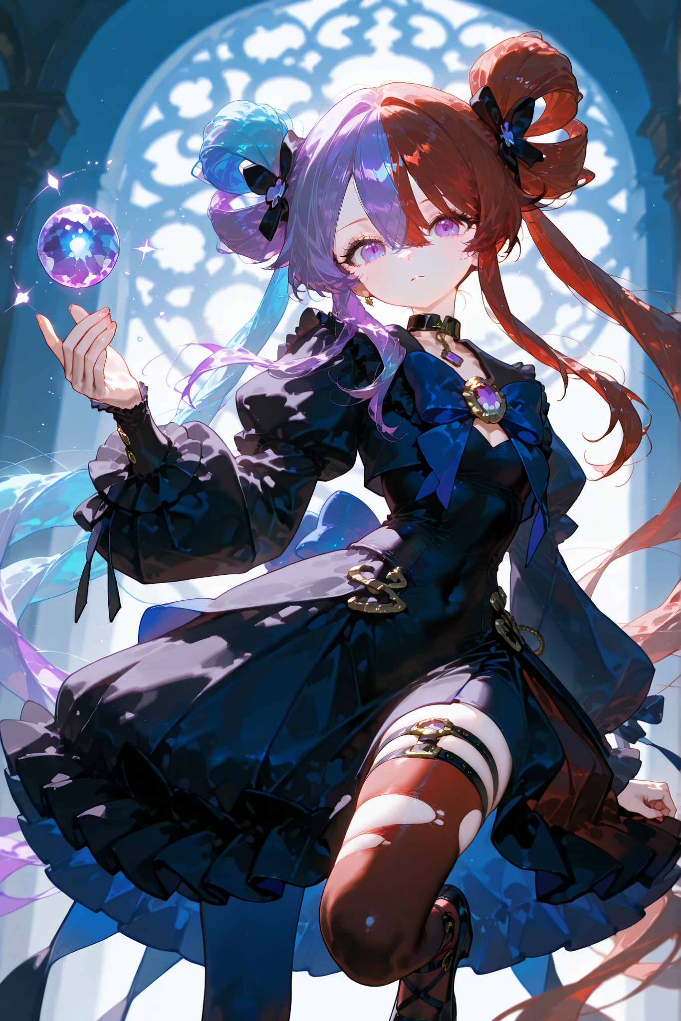 (MULTICOLORED HAIR, TWO-TONE HAIR,SPLIT-COLOR HAIR) The girl is a magician. She has pale skin and a petite, flat-chested build. She has big purple eyes with long eyelashes. She has two-tone red-and-blue color hair tied in two twintails. She is wearing a long two-tone red-and-blue color vintage-style dress with a black collar, red ruffles,blue bows,and long white sleeves. She's wearing two-tone red-and-blue color tights. She's wearing black Mary Jane shoes with three straps. She has a gold brooch with a red and blue stone. She holds a crystal apple in her hand. (IN the background:The palace is in a cave, purple amethyst crystals grow everywhere.)