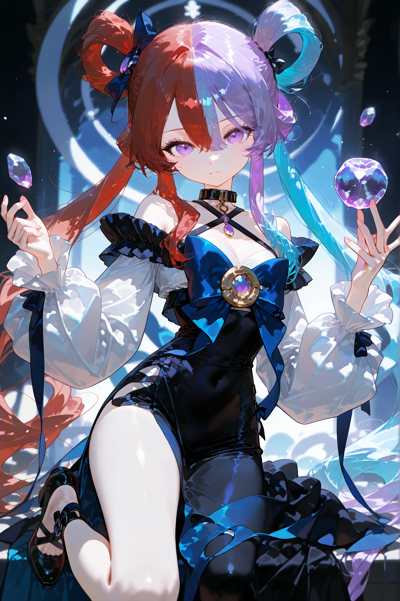 (MULTICOLORED HAIR, TWO-TONE HAIR,SPLIT-COLOR HAIR) The girl is a magician. She has pale skin and a petite, flat-chested build. She has big purple eyes with long eyelashes. She has two-tone red-and-blue color hair tied in two twintails. She is wearing a long two-tone red-and-blue color vintage-style dress with a black collar, red ruffles,blue bows,and long white sleeves. She's wearing two-tone red-and-blue color tights. She's wearing black Mary Jane shoes with three straps. She has a gold brooch with a red and blue stone. She holds a crystal apple in her hand. (IN the background:The palace is in a cave, purple amethyst crystals grow everywhere.)